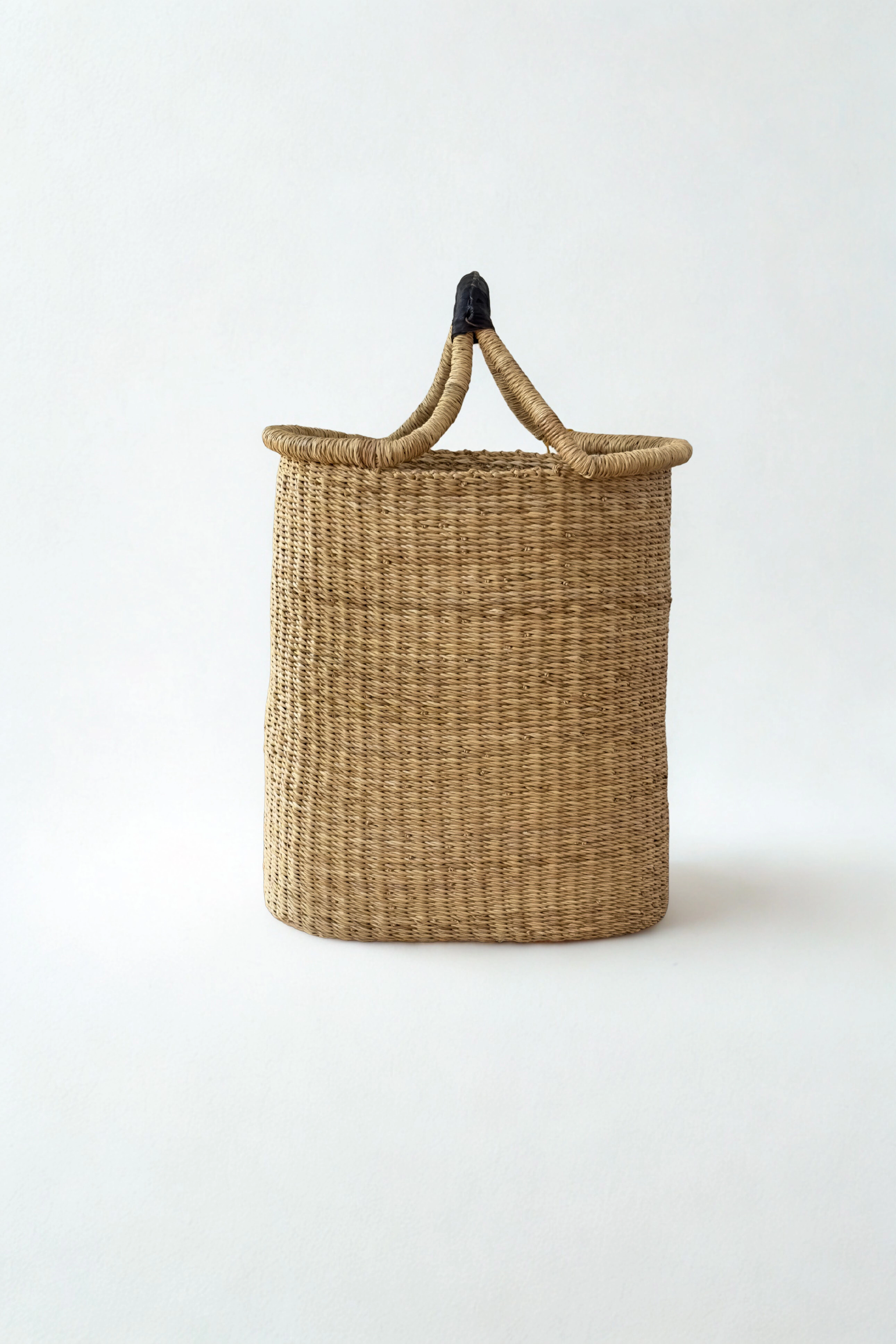 Mbare Handwoven Double Weave Pot Basket with Leather Handle