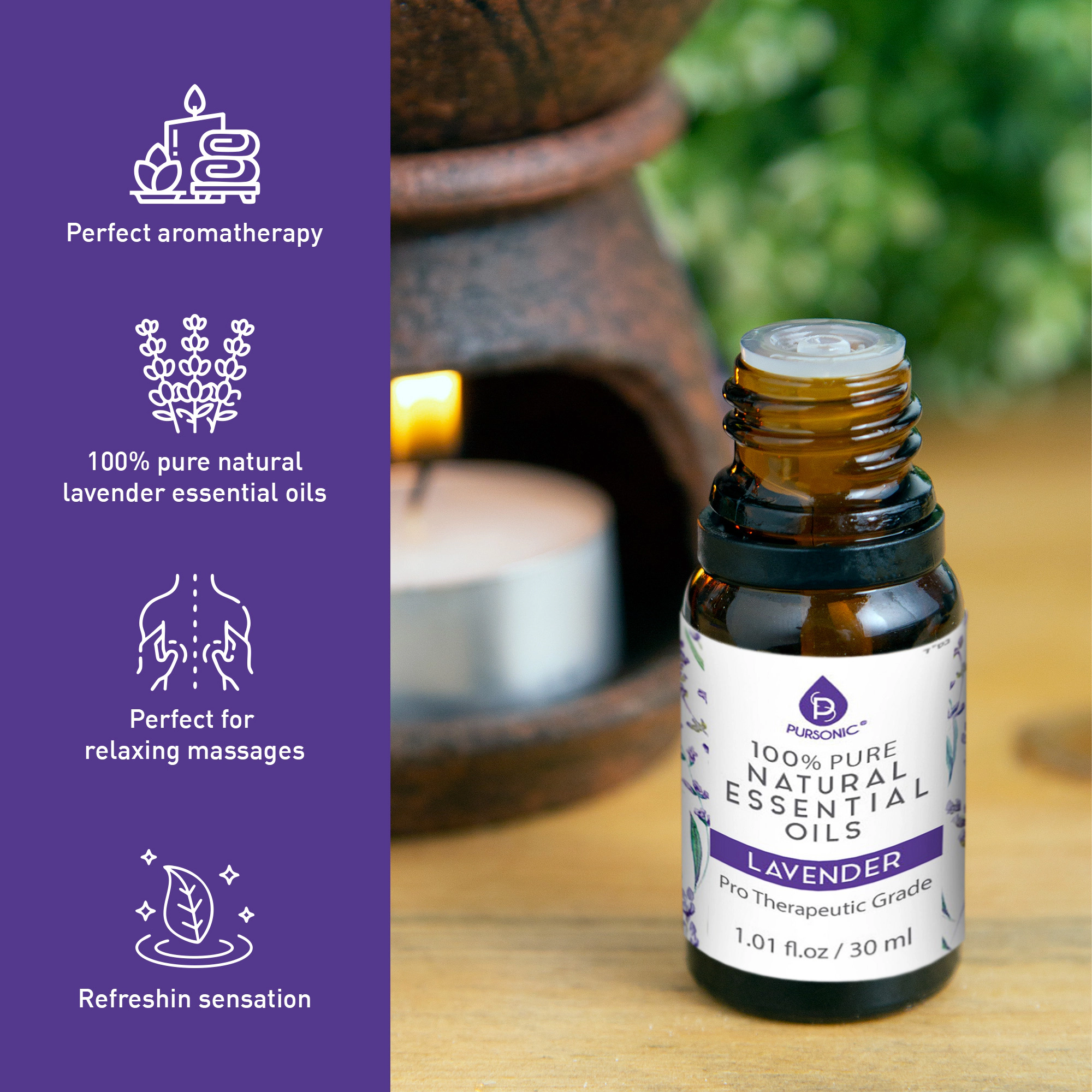 Pursonic Unisex 100% Pure & Natural Lavender Essential Oil – Aromatherapy Relaxation Oil