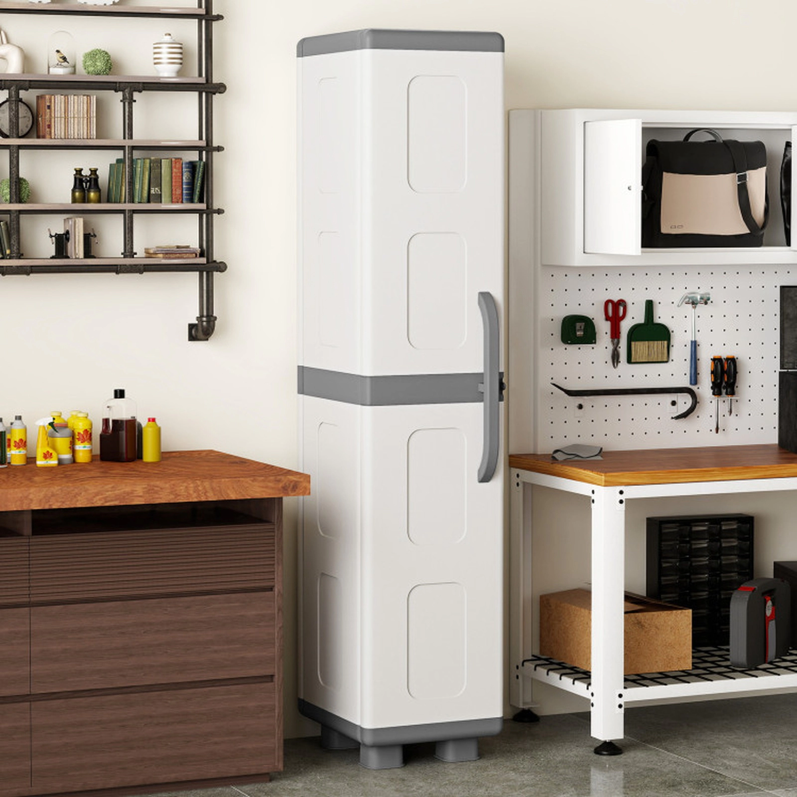 SUGIFT Slim Storage Pantry Cabinet with 4 Adjustable Shelves 55-lb Shelf Capacity 33-lb Top Capacity Gray and White