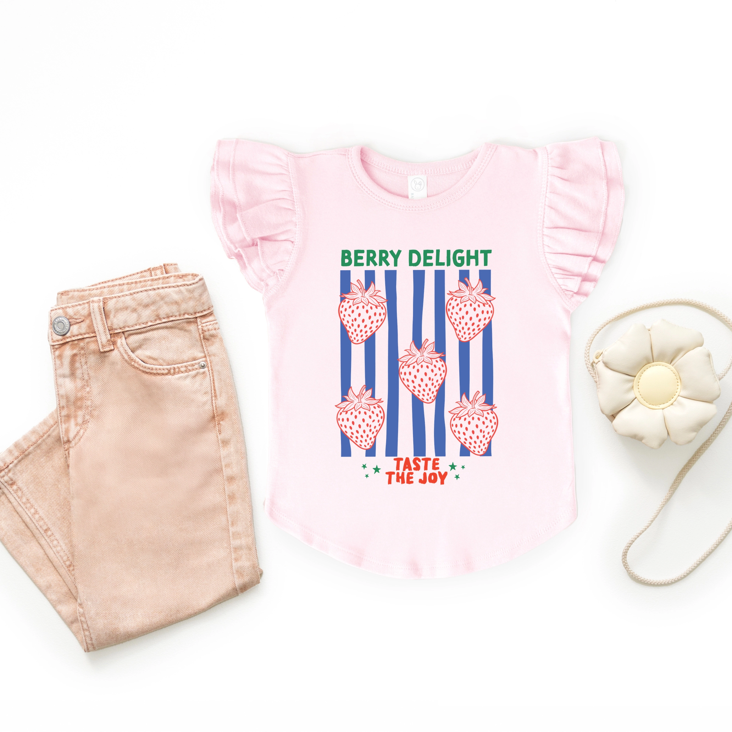 The Juniper Shop - Berry Delight Strawberries Stripes  Flutter Sleeve Graphic T-Shirt