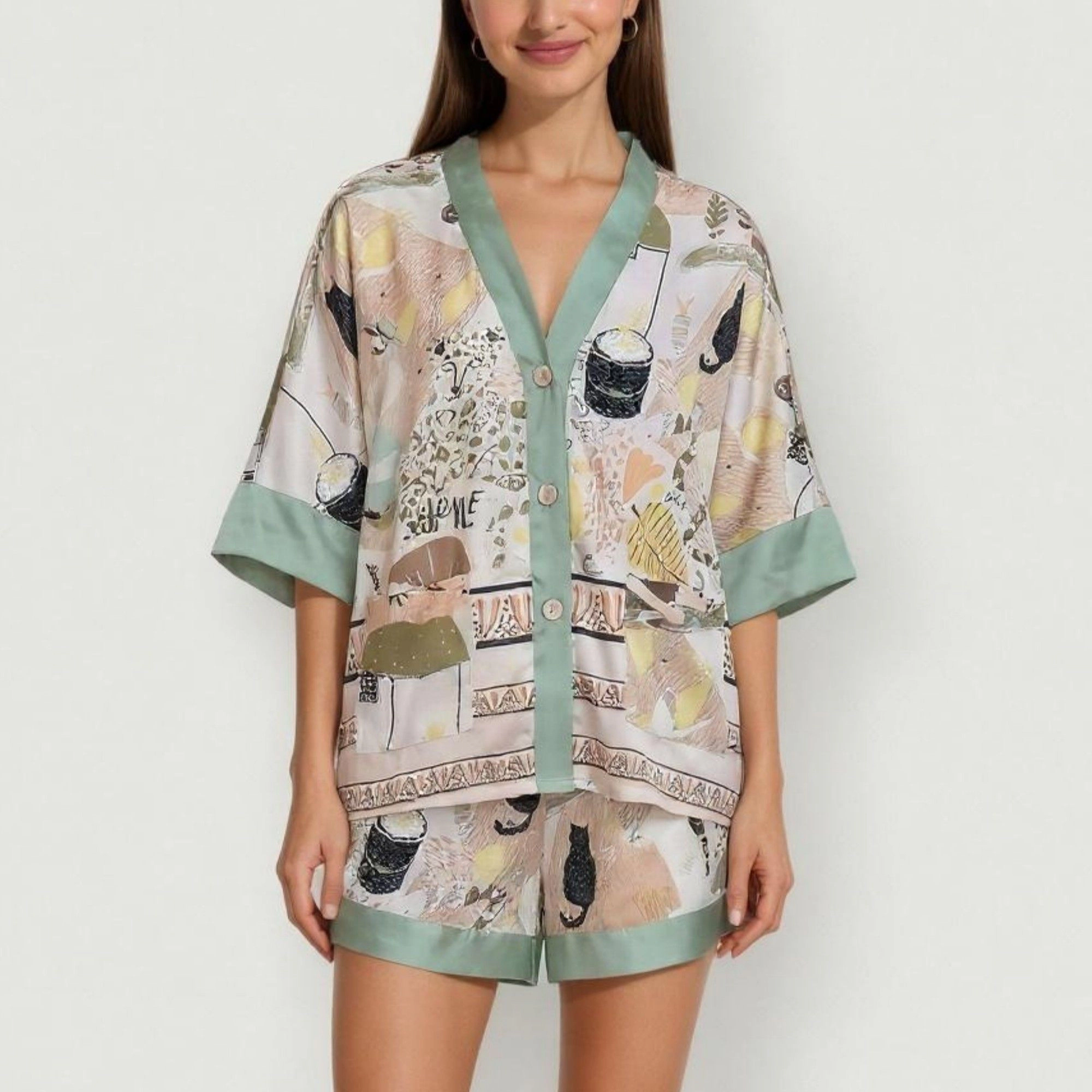 Anna-Kaci Women's Animal Print Pajama Set with Short Sleeves Button Up Top and Contrast Trim Shorts