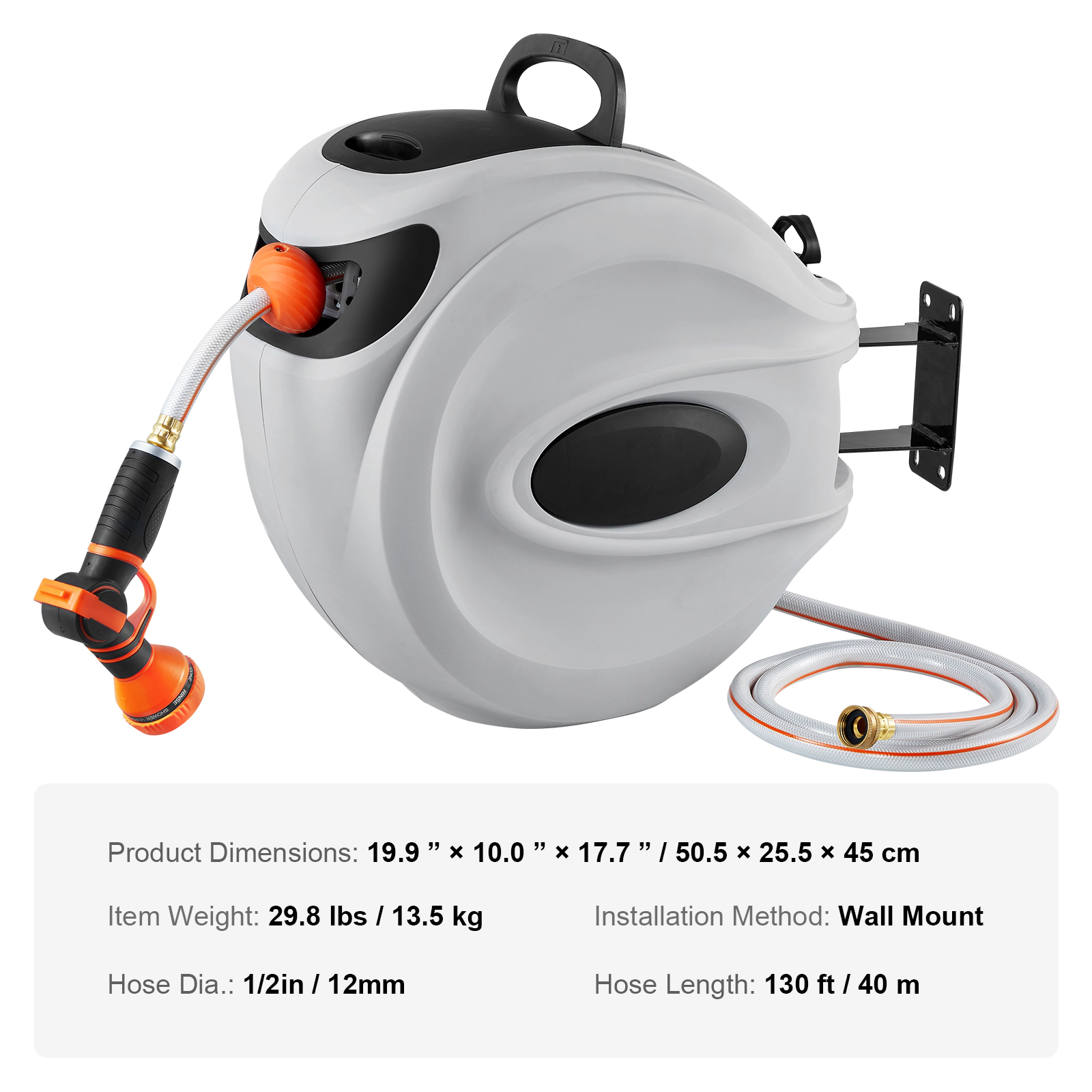 HONGGE Retractable Garden Hose Reel, 1/2 in x 130 ft, Wall-Mounted, Auto Rewind, 9-Pattern Nozzle, 180 Swivel Bracket