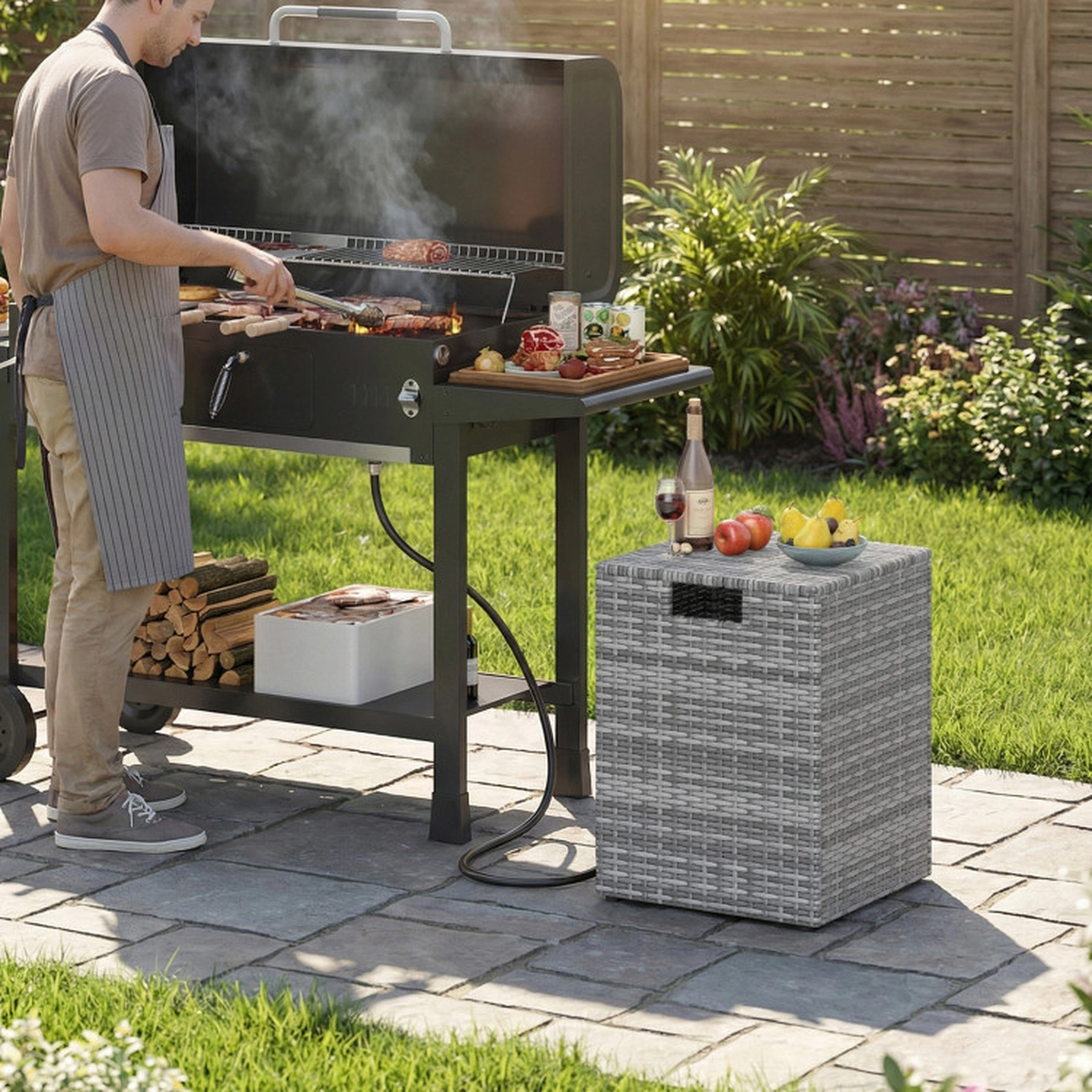 SUGIFT Gray PE Rattan Propane Tank Cover Side Table with Flip Lid 16-in W 16-in D 22.5-in H 80-lb Top Capacity