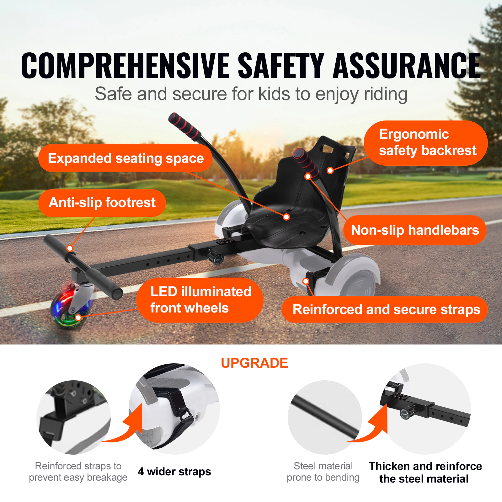 HONGGE Hoverboard Seat Attachment with LED Lights, Adjustable Frame Length, Fits 6.5" 8" 8.5" 10" Hoverboards