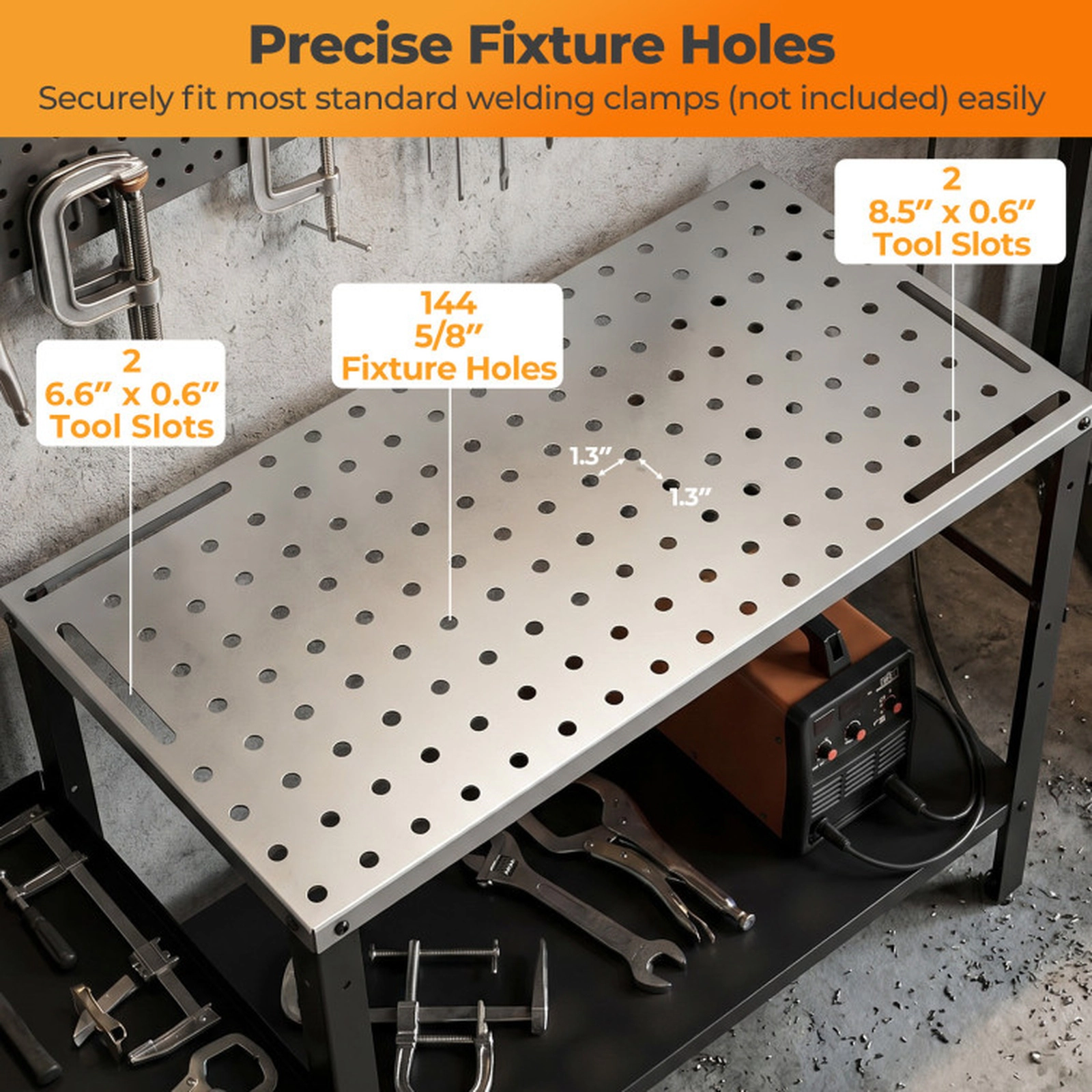 SUGIFT 144 Fixture Holes Lockable Wheels Steel Welding Table 36-in x 18-in Tabletop 1200-lb Capacity 51-in Long Silver