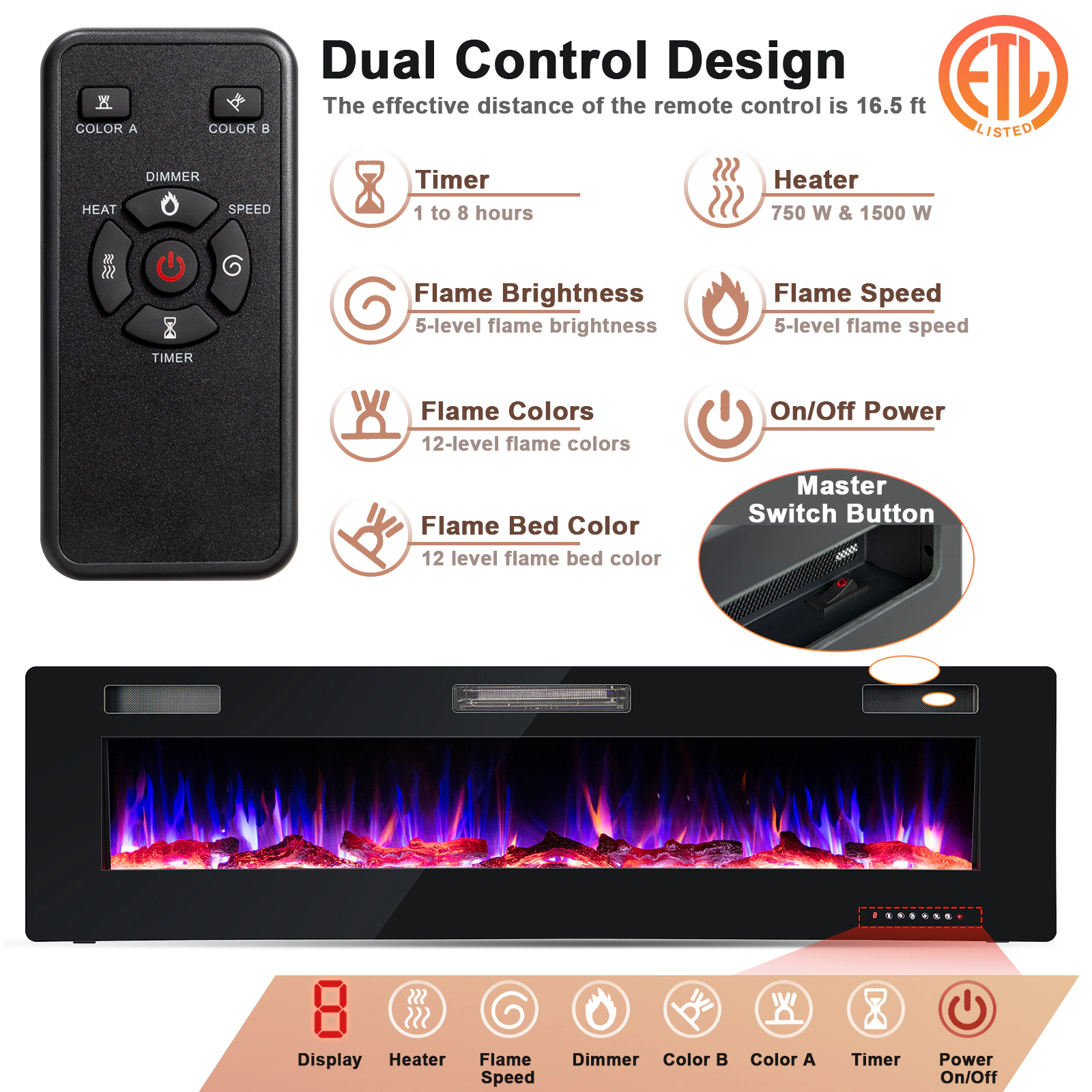 SlickBlue 68 Inch Recessed Electric Fireplace with Crystals, Logs, Timer and Remote