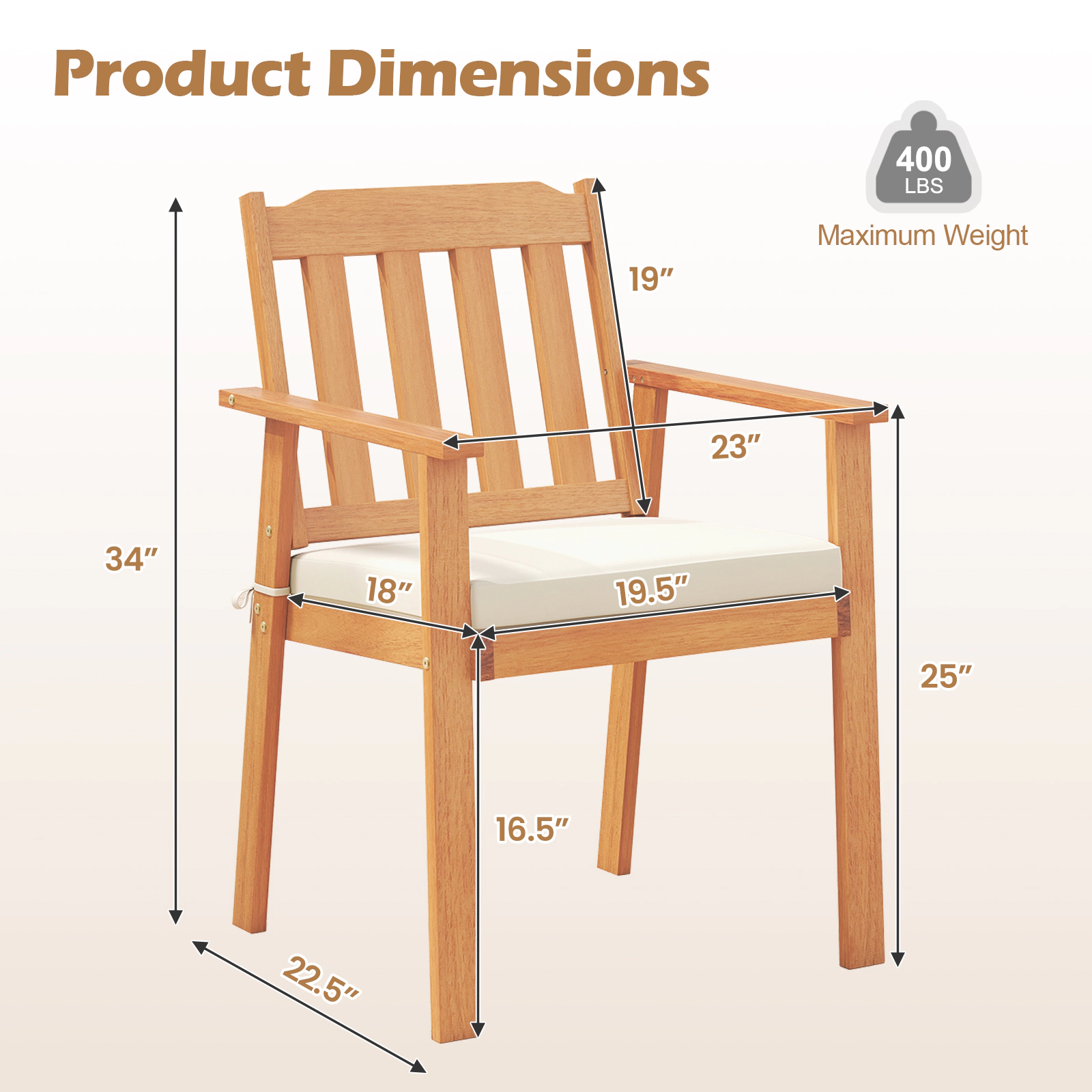 SUGIFT 2-Piece Acacia Wood Patio Dining Armchairs 400-lb Capacity 22.5-in Frame 19.5 x 18-in Seat Natural with Cushions