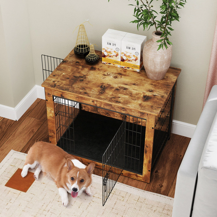 SUGIFT Dog Crate Furniture Rustic Brown with Cushion Double Doors and 176 lb Tabletop