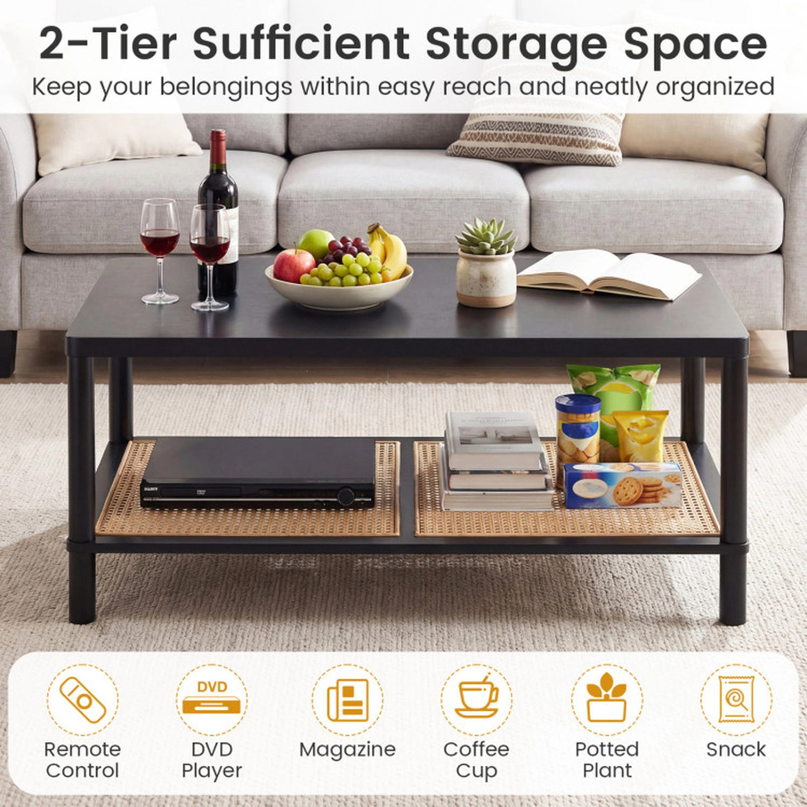 SUGIFT 2-Tier PVC Rattan Shelf Rubber Wood Frame Boho Coffee Table 39-in x 20.5-in x 18-in 185-lb Capacity Black