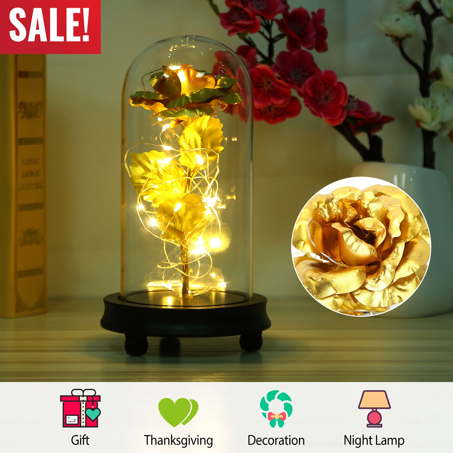 IMounTEK Unisex LED Foil Rose Light With Glass Dome