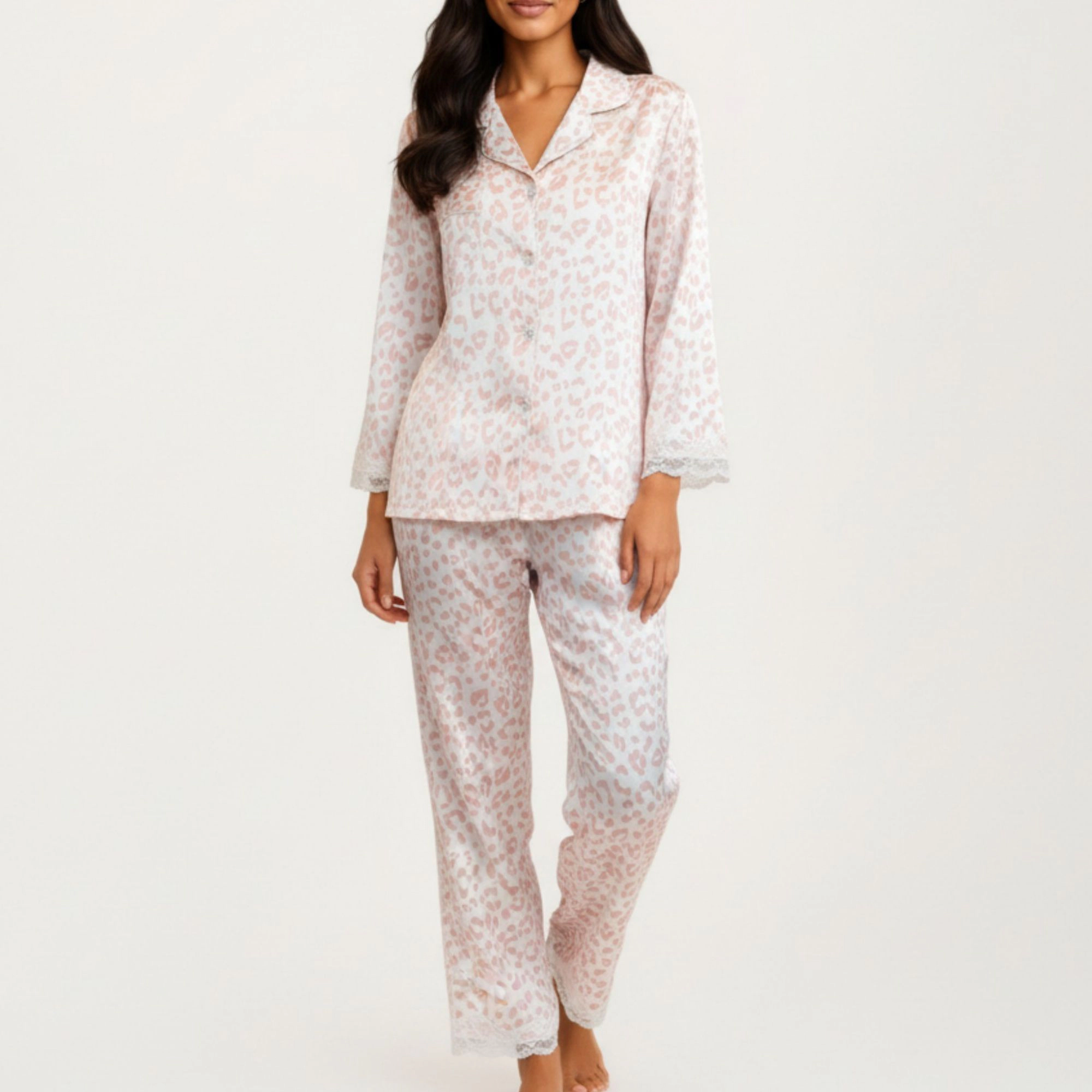 Anna-Kaci Women's 2-Piece Leopard Print Button Front Pajama Top with Lace Trim Sleeves and Matching Relaxed Fit Pants