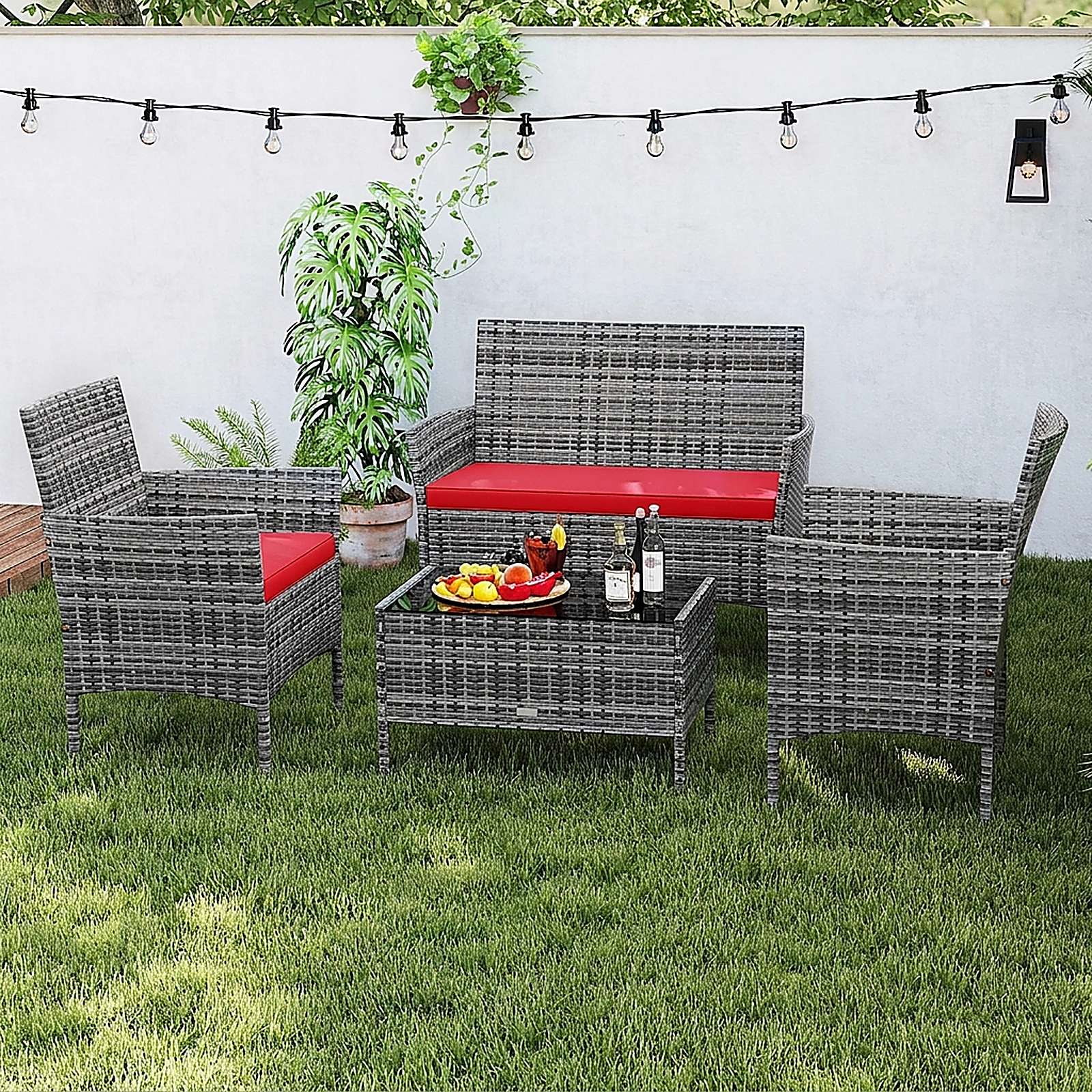 SUGIFT 4-Piece Red Rattan Patio Conversation Set with Loveseat, 2 Chairs, Cushions and Tempered Glass Table