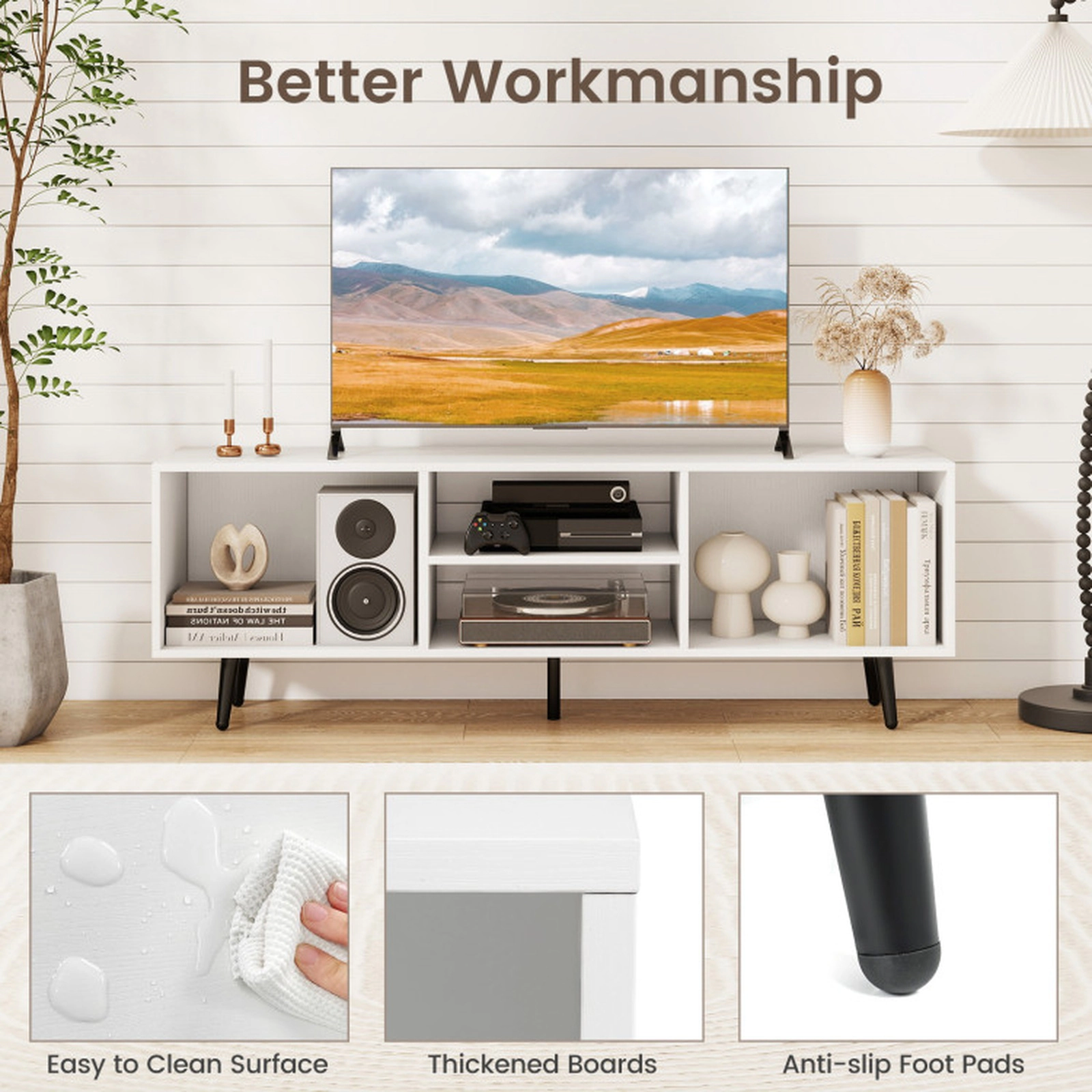 SUGIFT TV Stand for 55-Inch TV with 132-lb Countertop Capacity Compartments and Metal Legs White