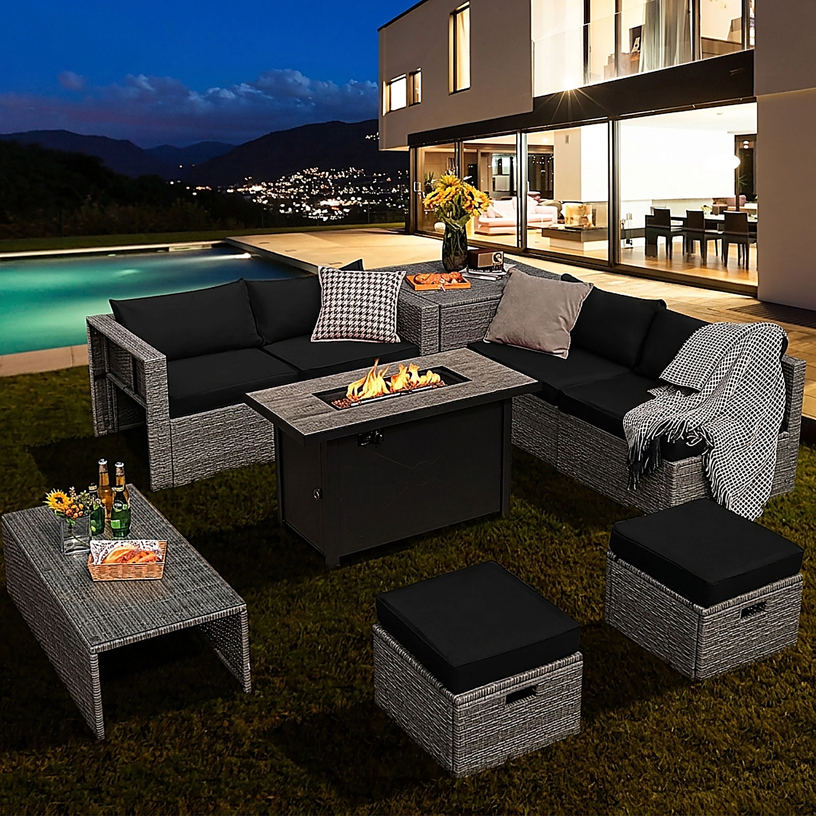 SUGIFT 42 60000 BTU Fire Pit Table and Storage Box 9-Piece Patio Rattan Sectional Set