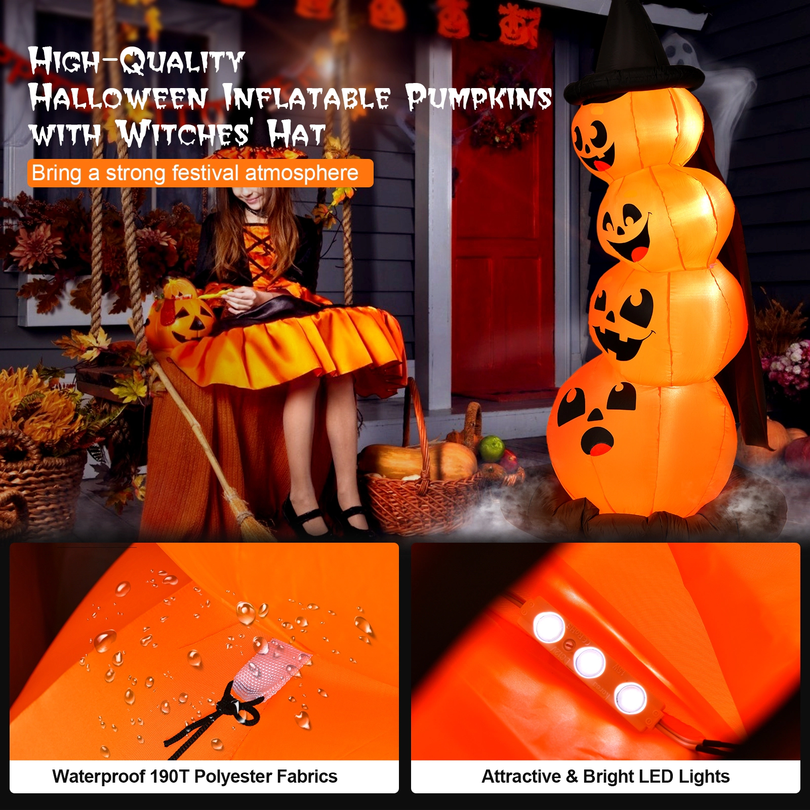 Glintex 7-Ft Halloween Inflatable Pumpkin Combo with Witch Hat and LED Lights, Multicolor