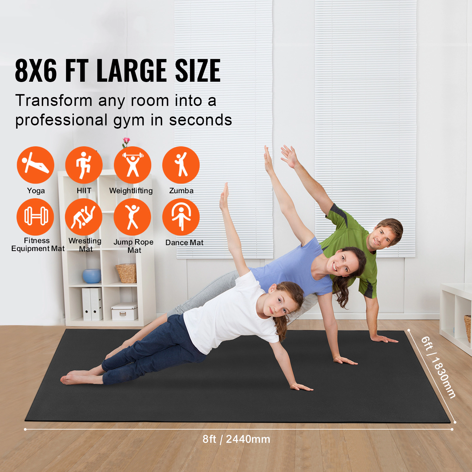 HONGGE Large Non-Slip Yoga Mat, 8x6 ft PVC Exercise Mat for 2-3 People, Home Gym Workout Mat with Carry Bag
