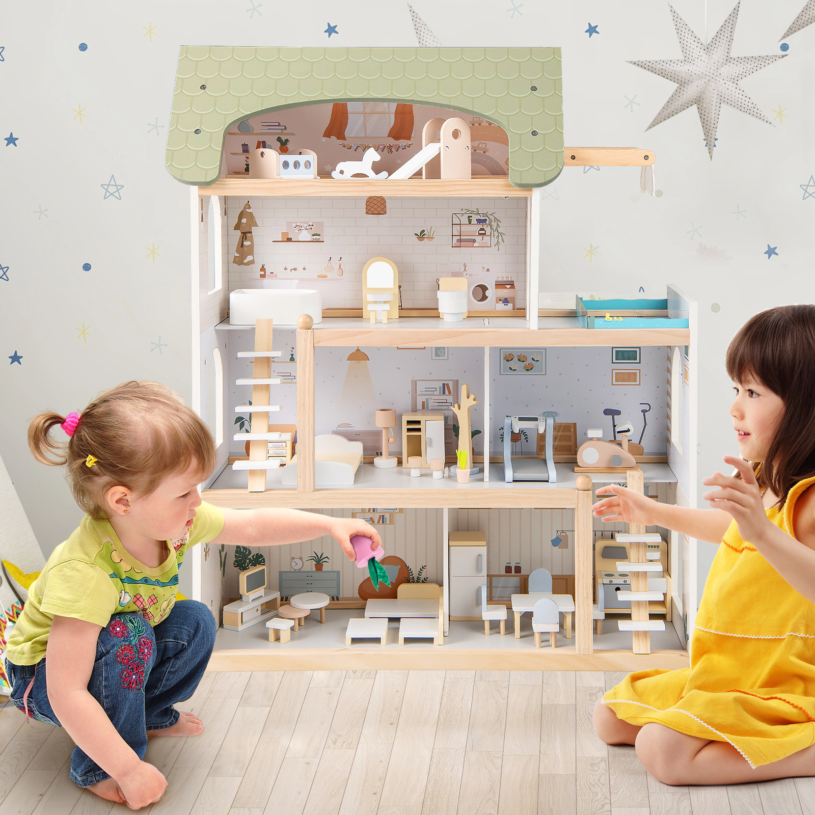 Wooden Dollhouse for Kids with 33-pc Furniture Accessories and Movable Stairs 25-in x 10-in x 31-in Green