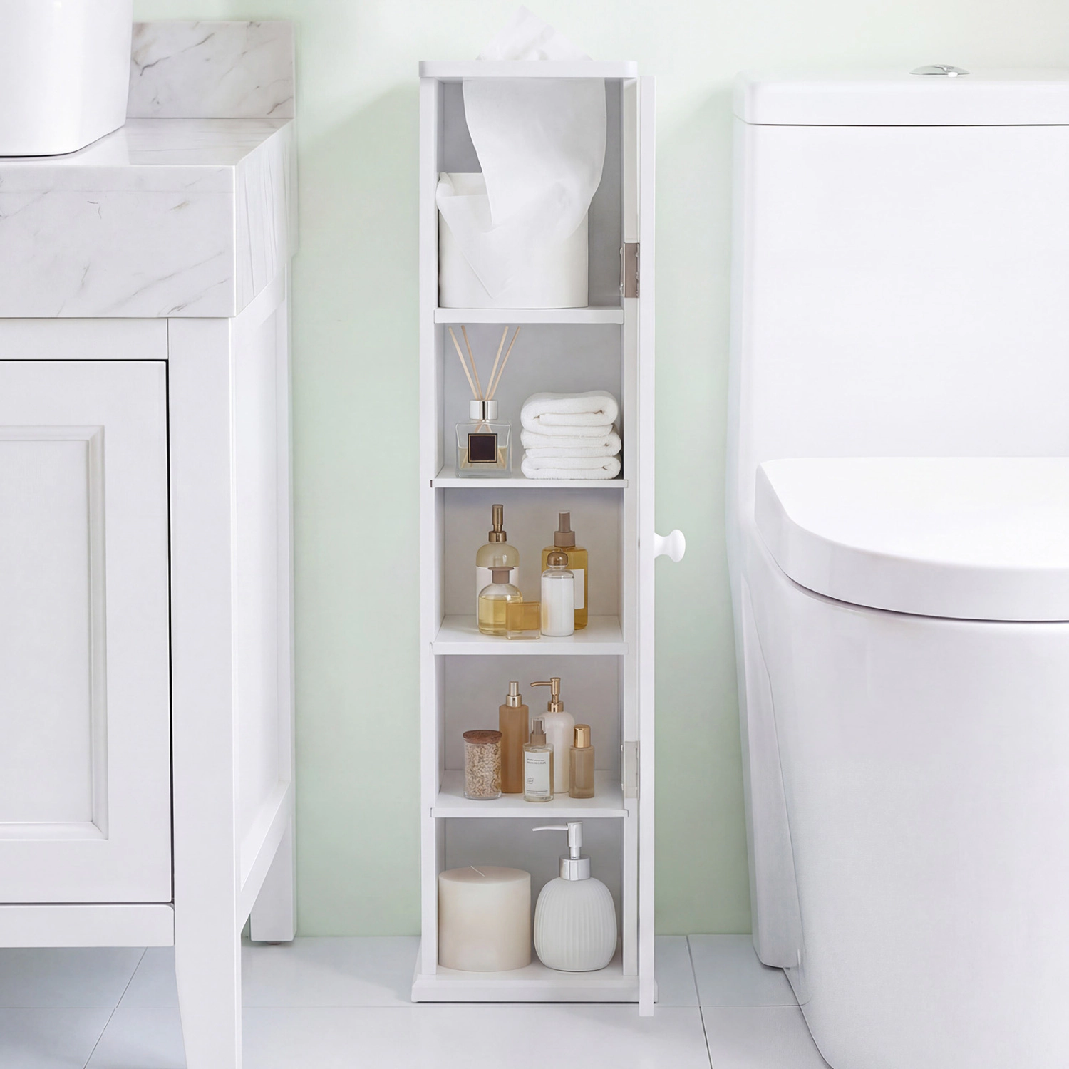 Slickblue Tall Slim Bathroom Cabinet White MDF Floor Standing Storage for Small Spaces