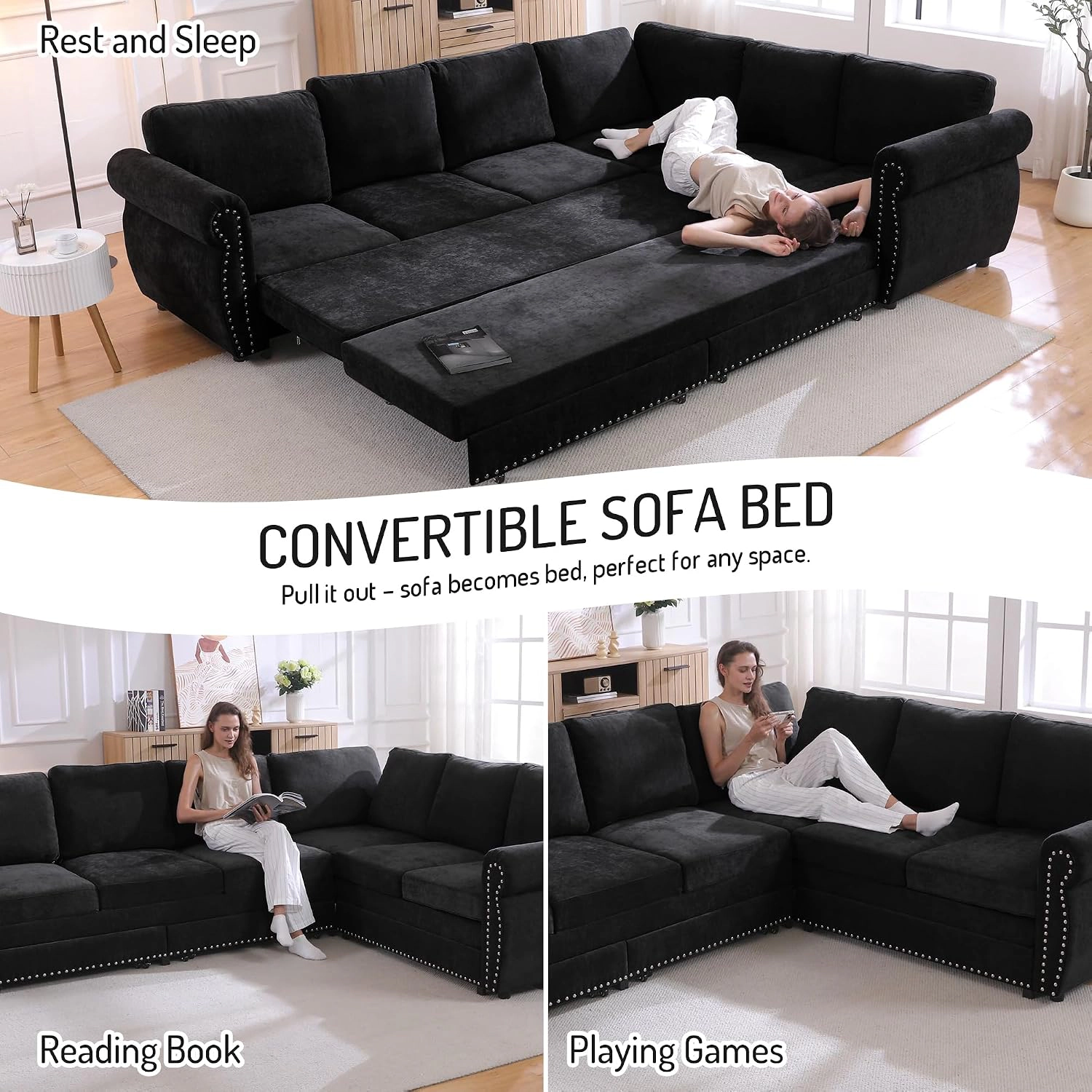 RENDGO 118 L Shaped Sectional Sleeper Sofa with Pull Out Bed
