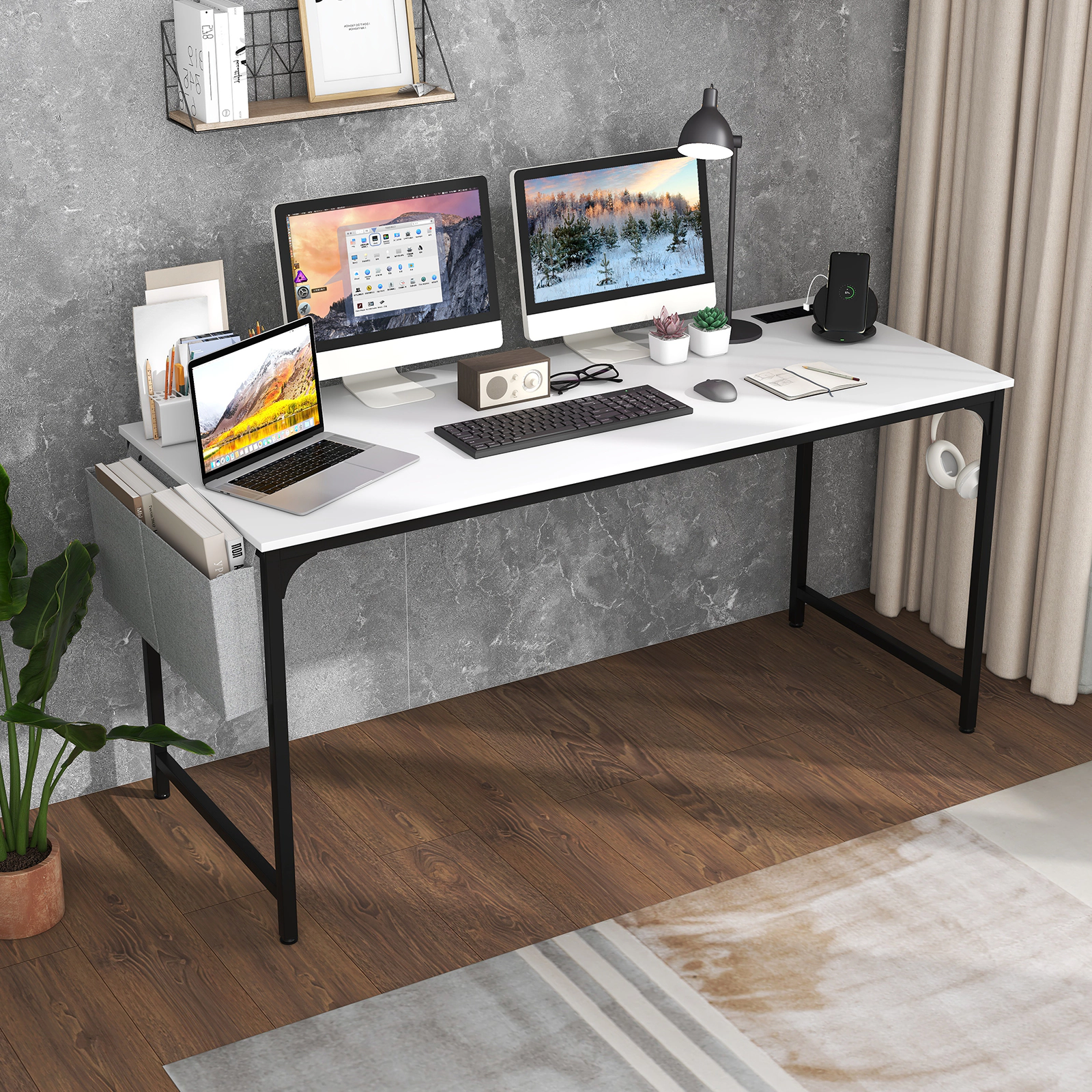 SUGIFT 60-Inch White Computer Desk with Power Outlet, USB Port, Storage Bag and Headphone Hook