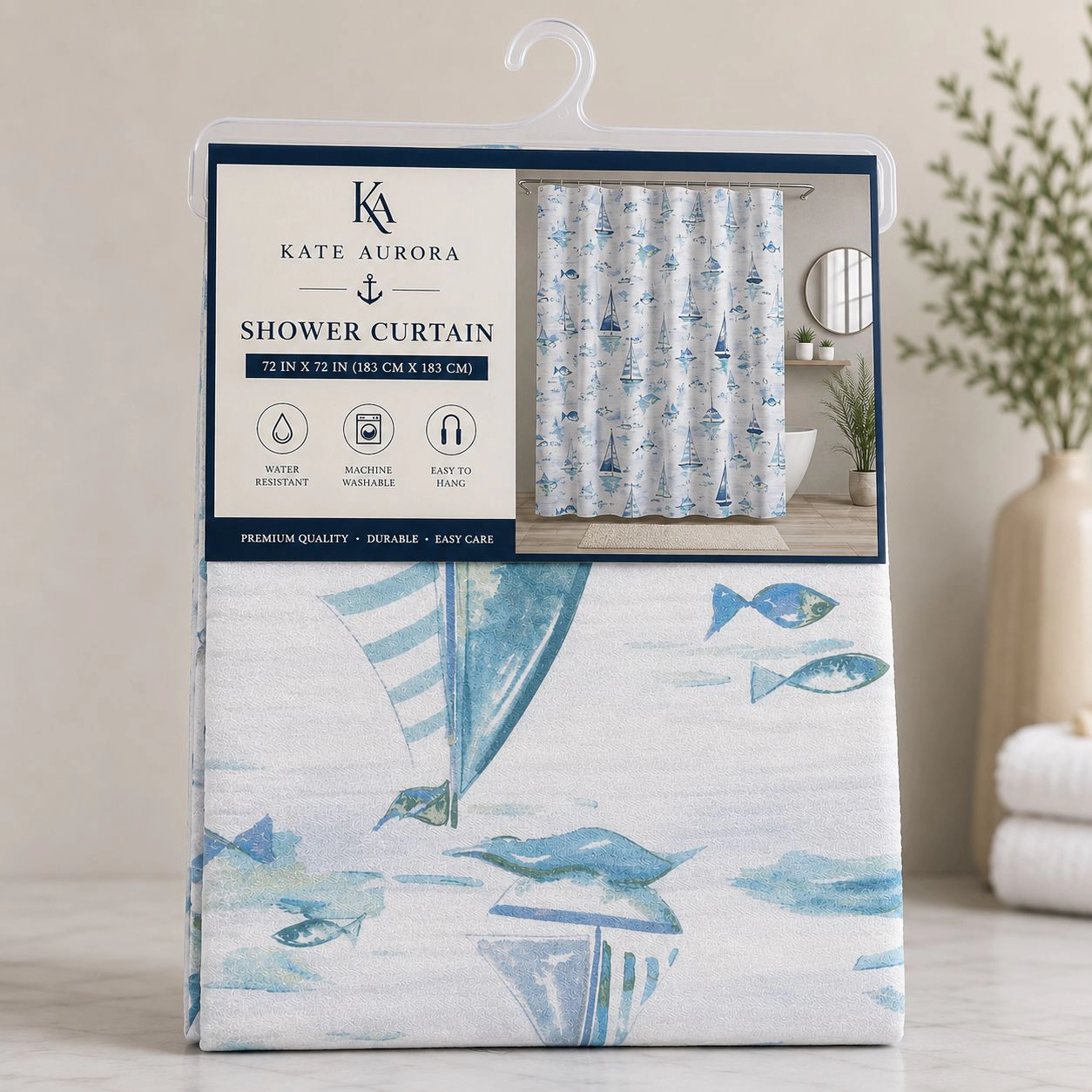 Kate Aurora Maritime Blues Coastal Sailboats And Fish Fabric Shower Curtain - 72 in. Wide x Long