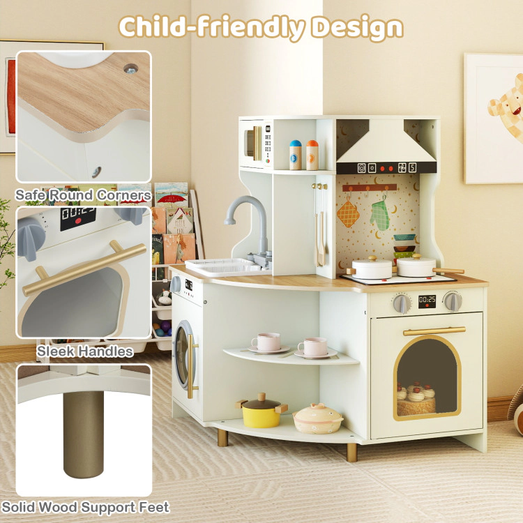 Hivvago Kids Play Kitchen Wooden Corner Kitchen Playset with Working Faucet and Sink