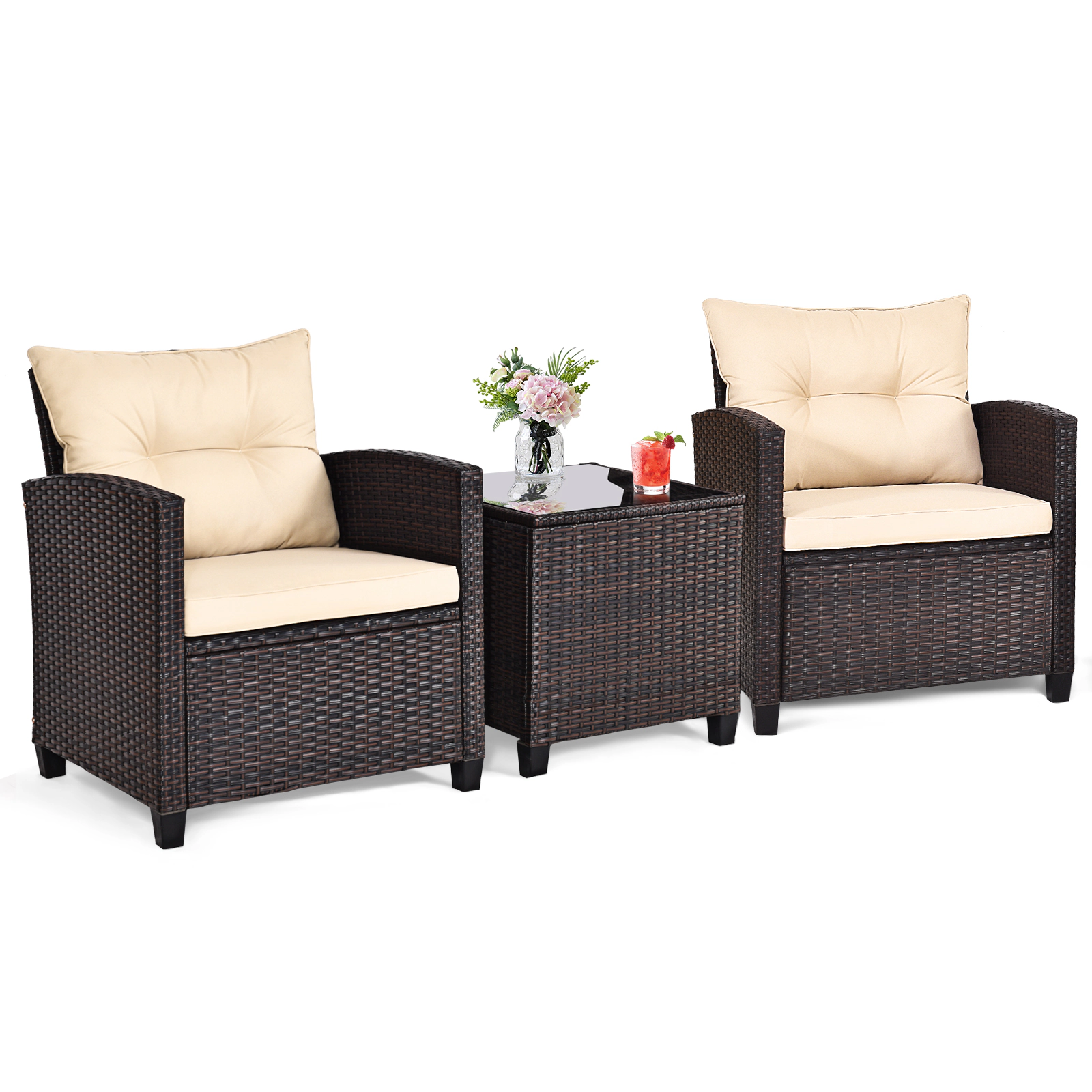 SUGIFT Patio Rattan Furniture Conversation Set with Cushions and Coffee Table 360-lb Chair Capacity Beige