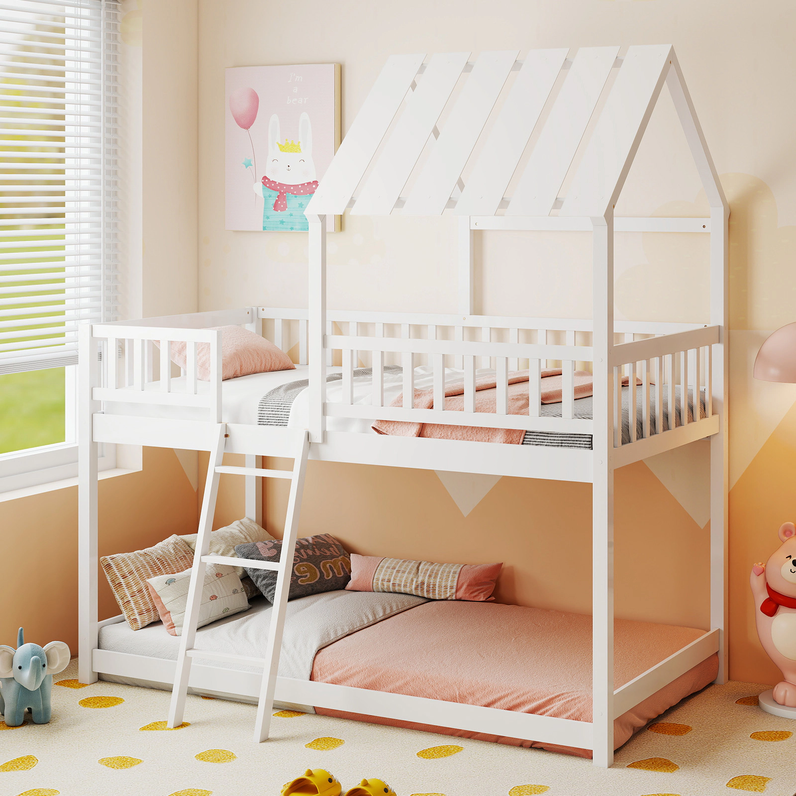 SUGIFT White Roof and Full-Length Guardrails Twin Over Twin Kids House Bunk Bed