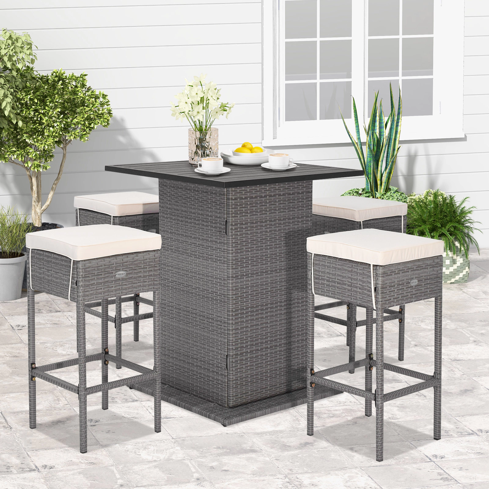 LJG 5 Pieces Outdoor Wicker Bar Table Set with Hidden Storage Shelves
