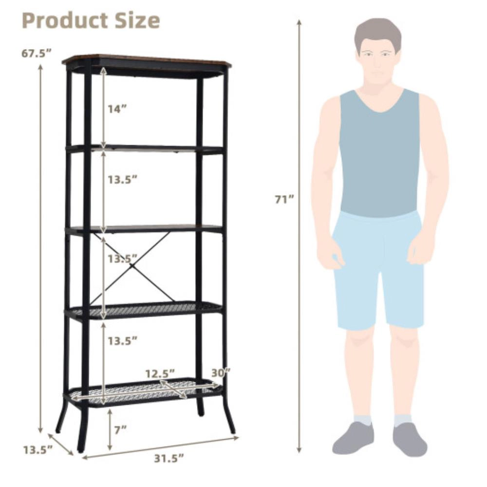 Hivvago Industrial 5-Layer Bookshelf with Out-Stretched Legs-Rustic Brown