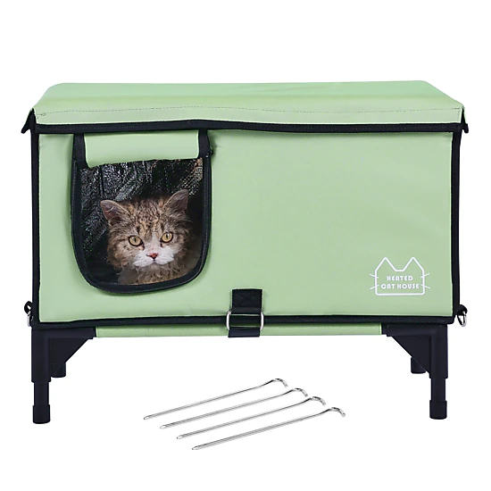 HONGGE Elevated Heated Cat House Cuboid Kitty Shelter with Adjustable Temperature and Timer 900D Oxford Cloth Foldable