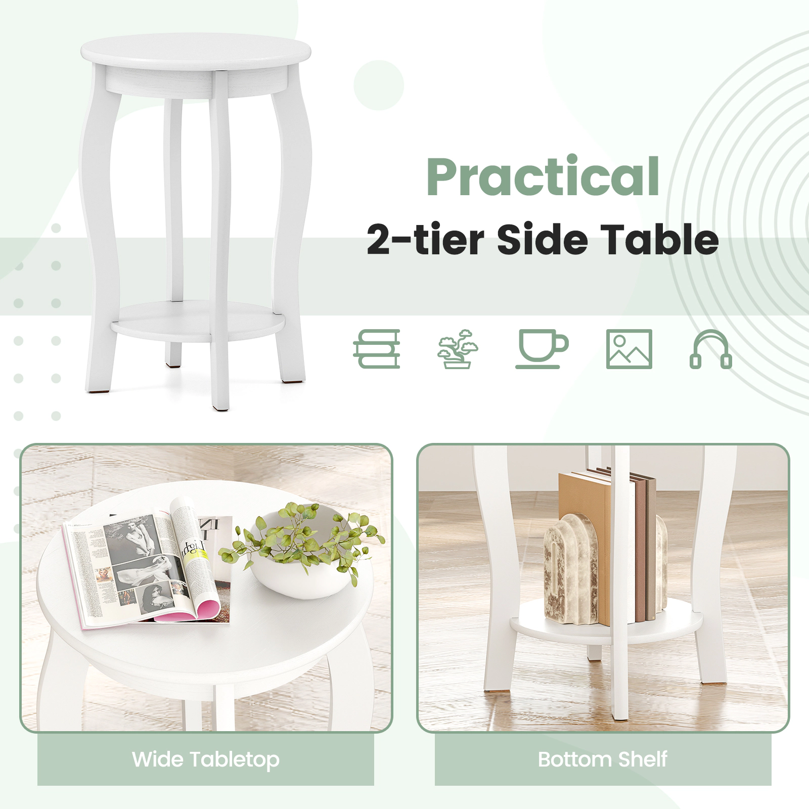 Glintex 2-Piece 15-Inch Round End Table Set with Lower Storage Shelf