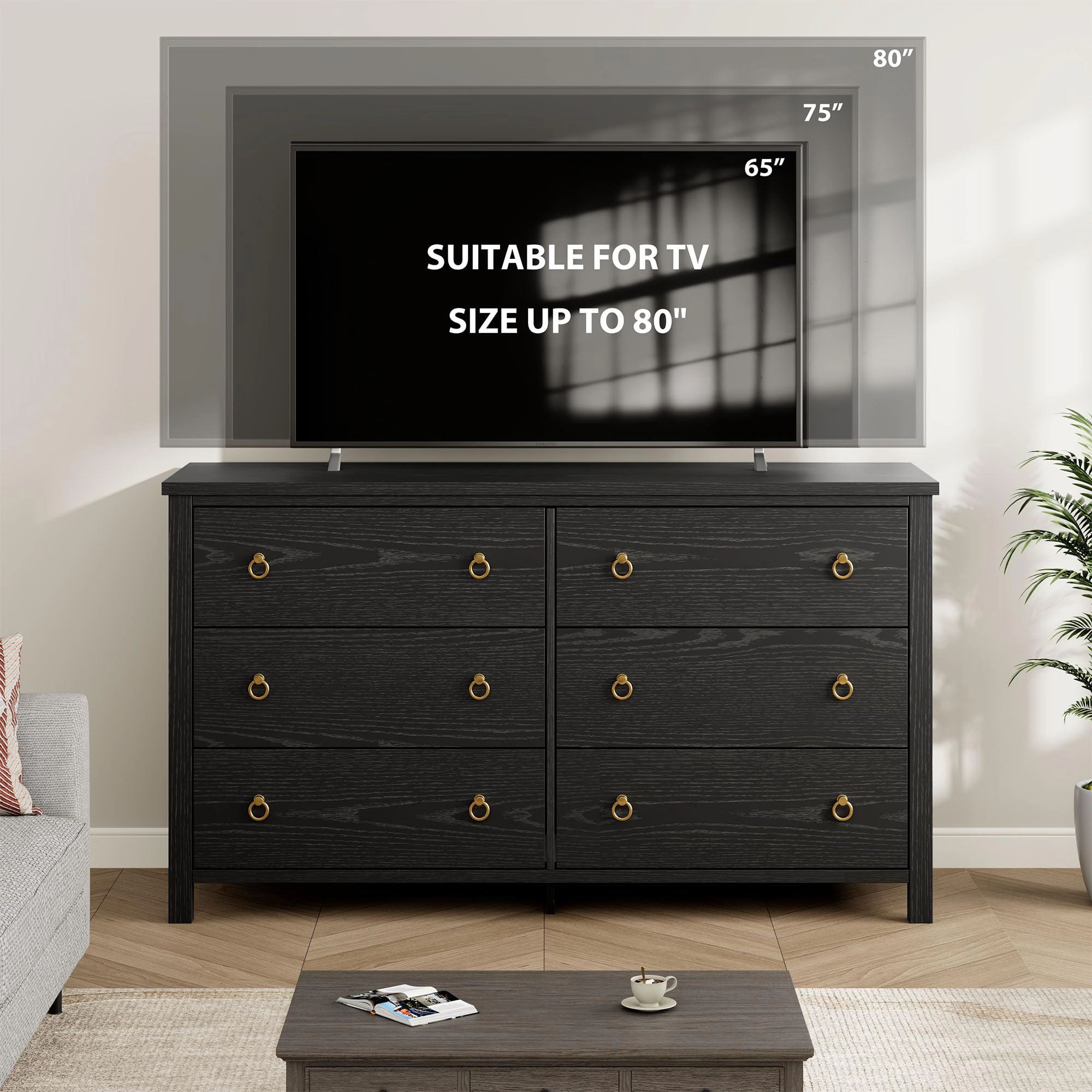6 Drawer Modern Dresser, 47" Wide Wooden Storage Chest & TV Stand for Bedroom Living Room Hallway