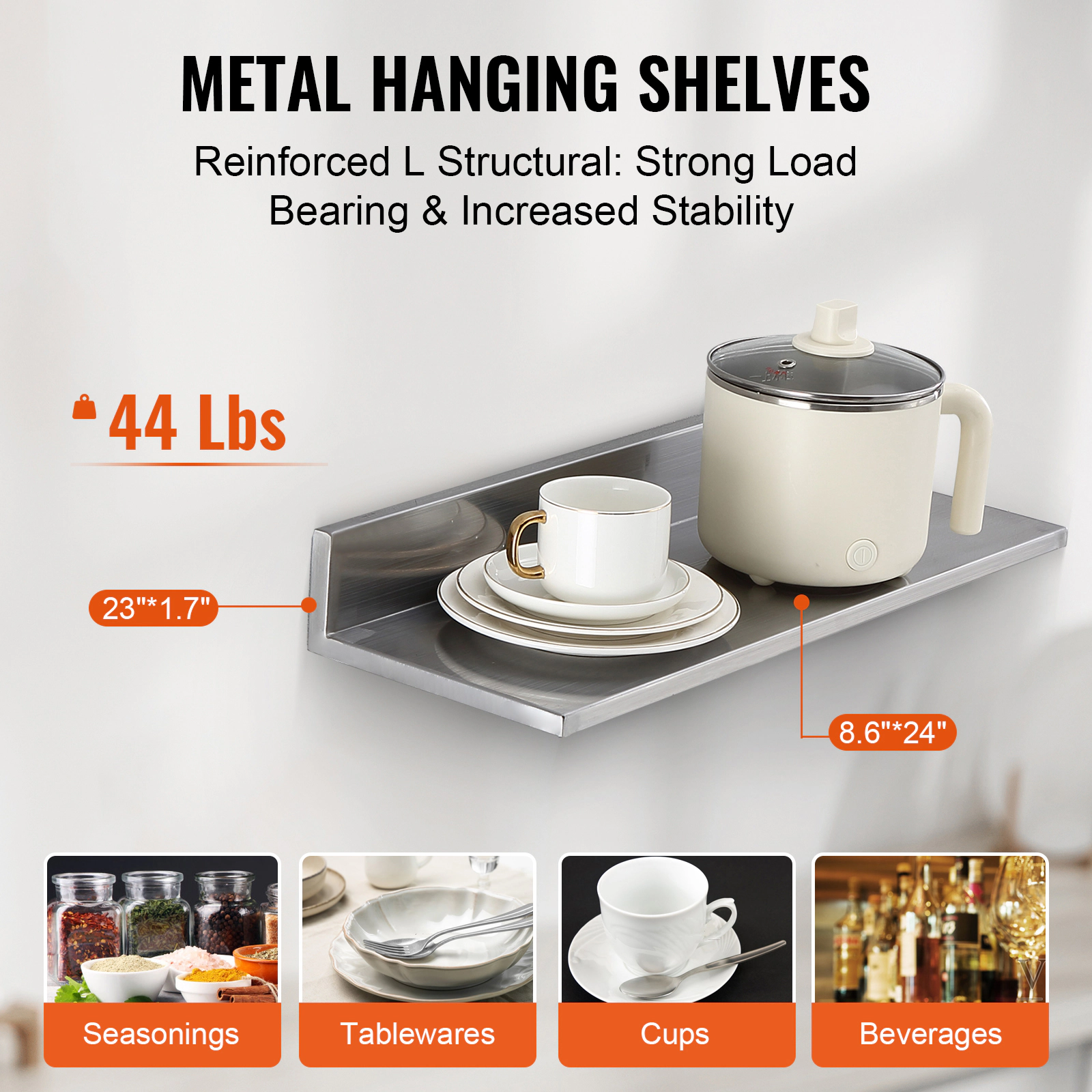 HONGGE 2 Pack Stainless Steel Shelf Wall Mounted Floating Shelving with Backsplash 44 lbs Load Capacity Commercial