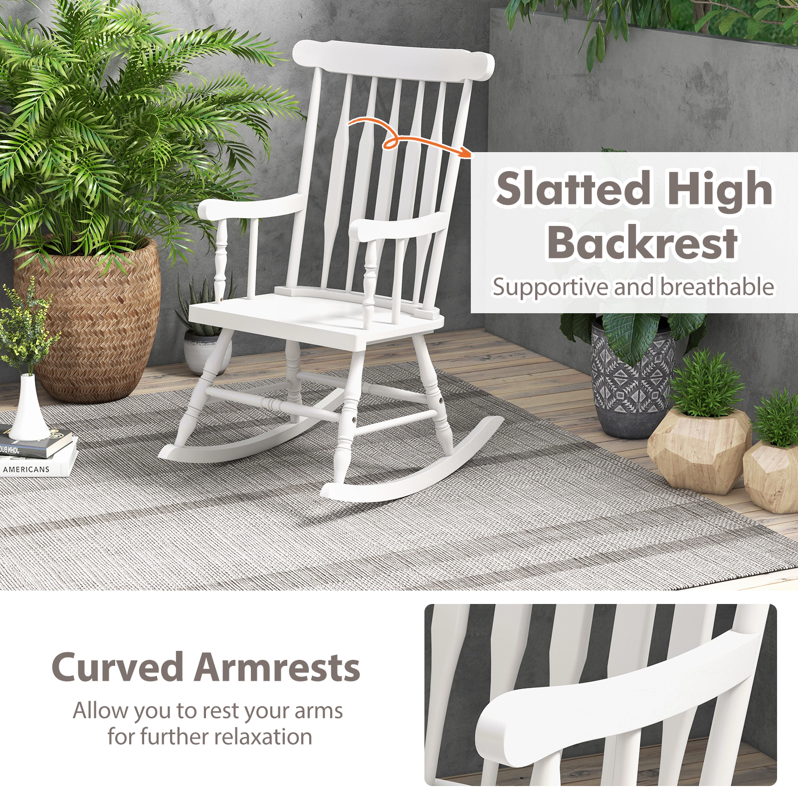 SUGIFT White Solid Rubber Wood Rocking Chair, 300 lb Capacity