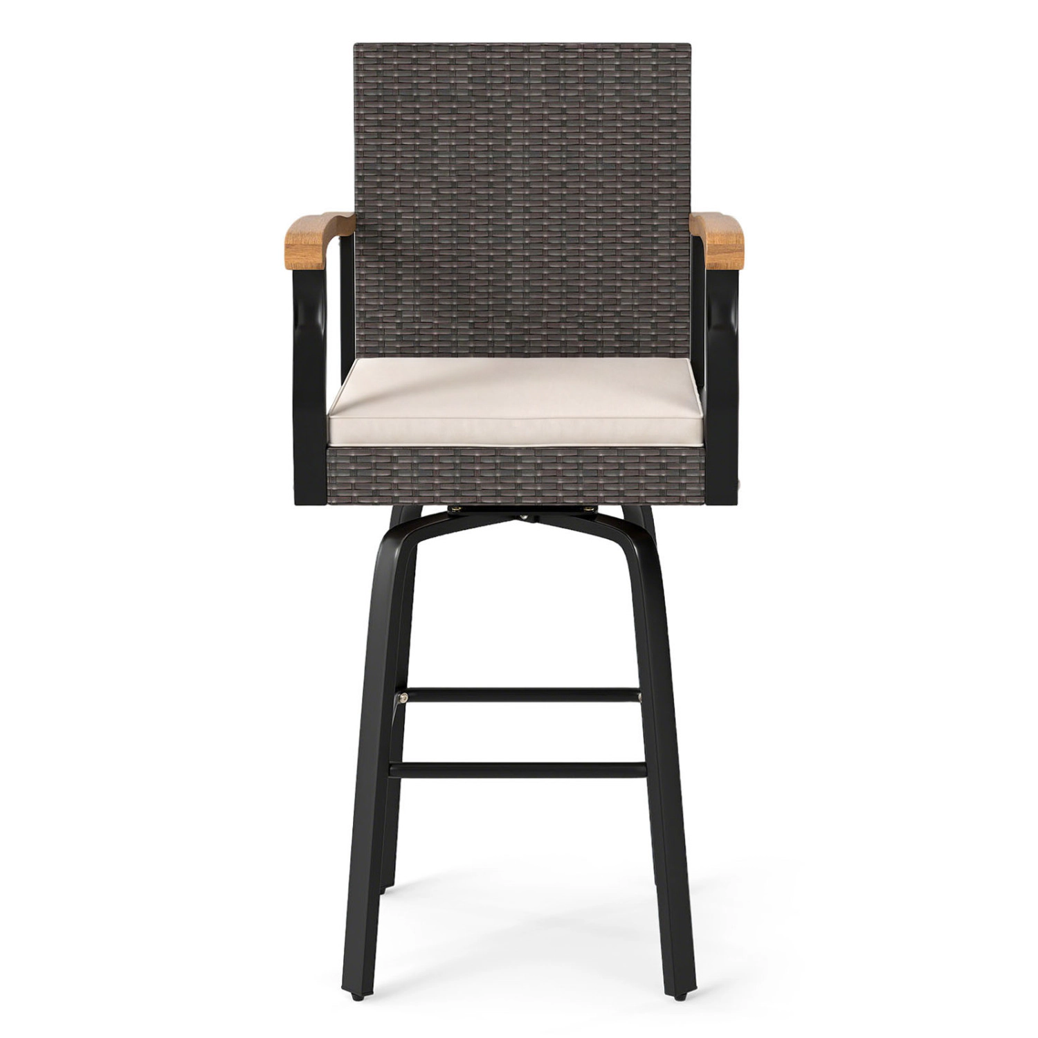 LJG Outdoor 360° Swivel Bar Stool with Cushion and Acacia Wood Armrests-F
