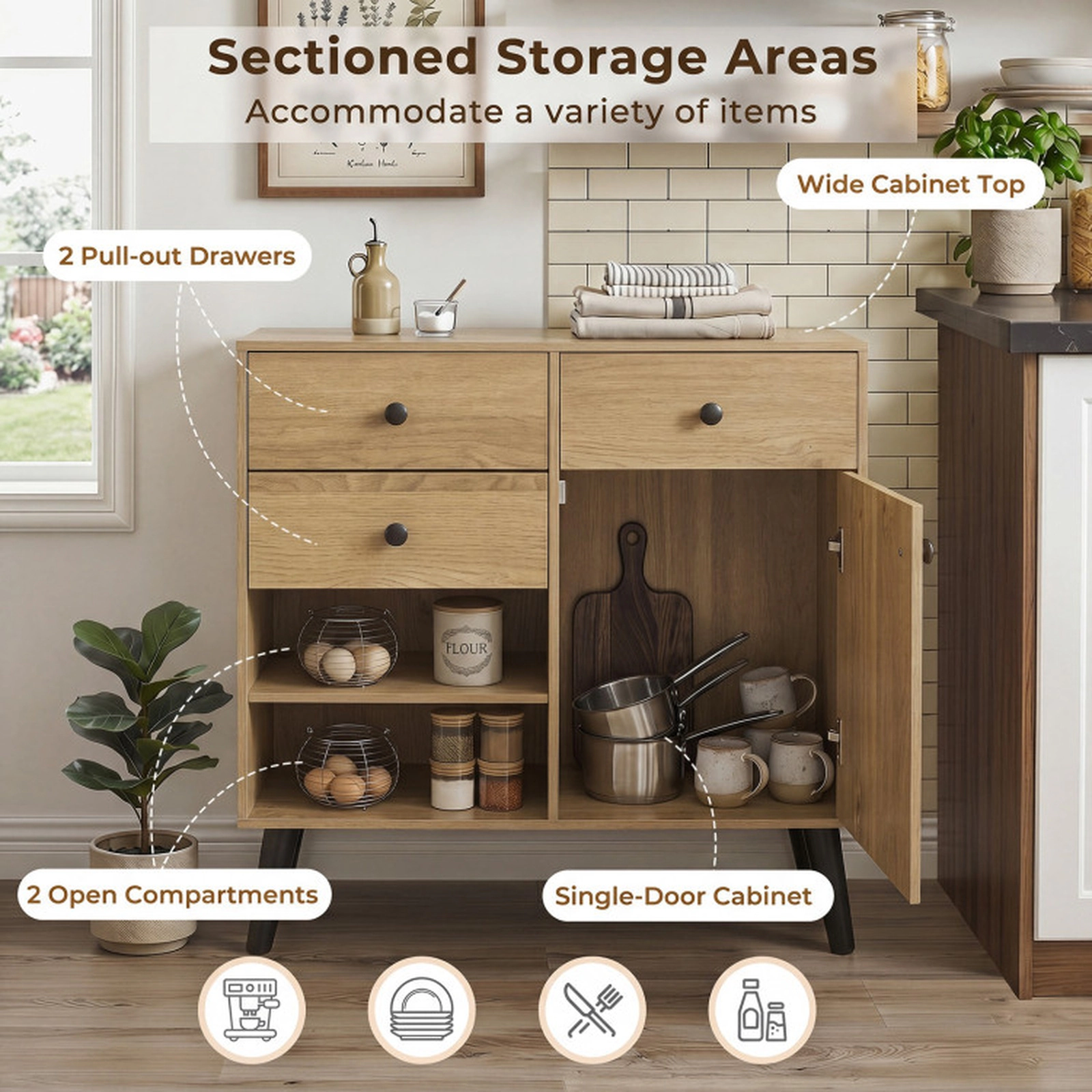 SUGIFT Set of 2 31-in 135-lb Capacity Natural Buffet Cabinets with 2 Drawers Open Compartments and Raised Legs