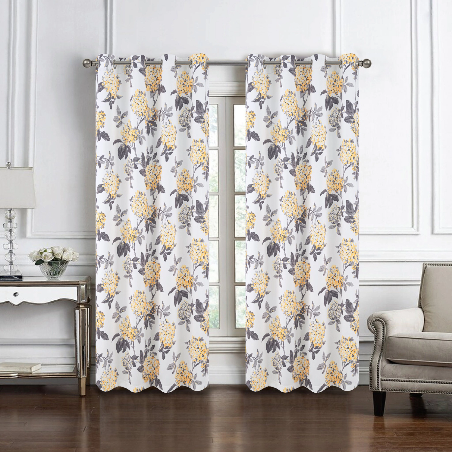 Olivia Gray 100% Polyester 200 GSM Hydrangea Printed Blackout Grommet Curtain Panel 54" x 84" Yellow