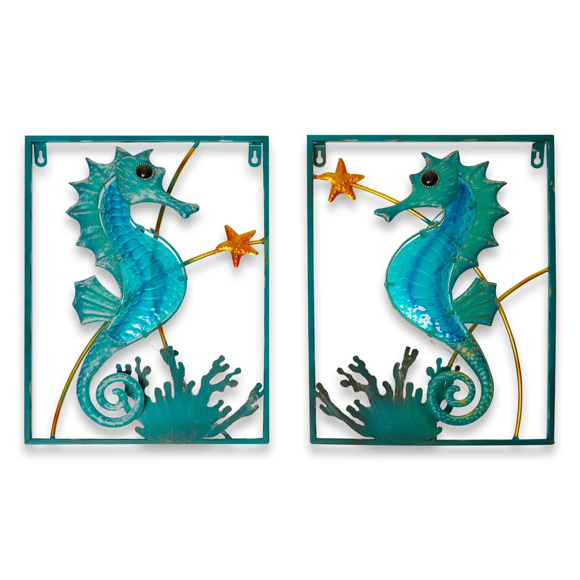 G128 Seahorse Metal Wall Art Set - Turquoise LED Coastal Decor, 16" x 12", Set of 2 - Battery Operated