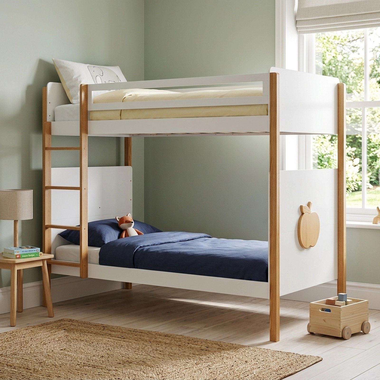 Twin Over Twin Bunk Bed for Kids with Built-In Ladder and 10.5-in Safety Guardrails 400-lb Capacity White and Honey