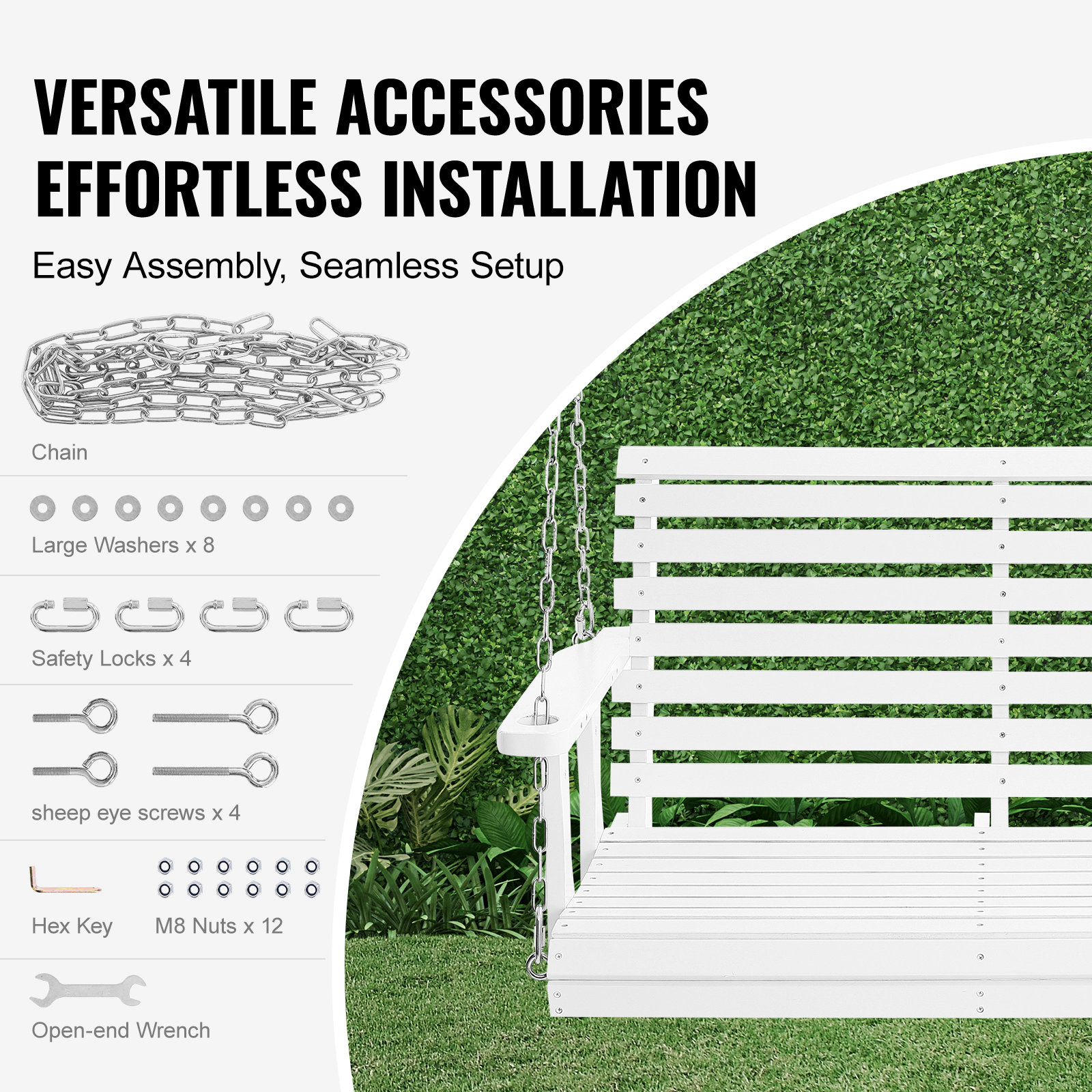 HONGGE 4 ft Cedar Wood Porch Swing with Hanging Steel Chains, Compact Outdoor Patio Bench Seat, 880 lb Capacity, White