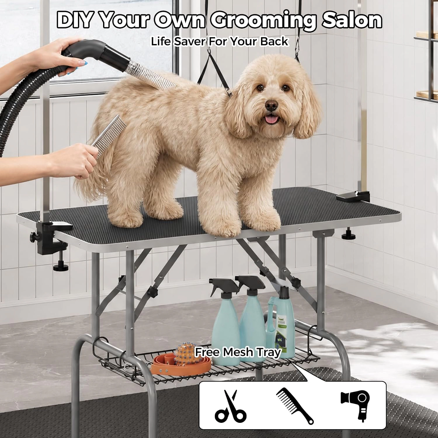 42" Foldable Dog Grooming Table, 350 lb Capacity, Adjustable H-Arm, Non-Slip Top, Mesh Basket