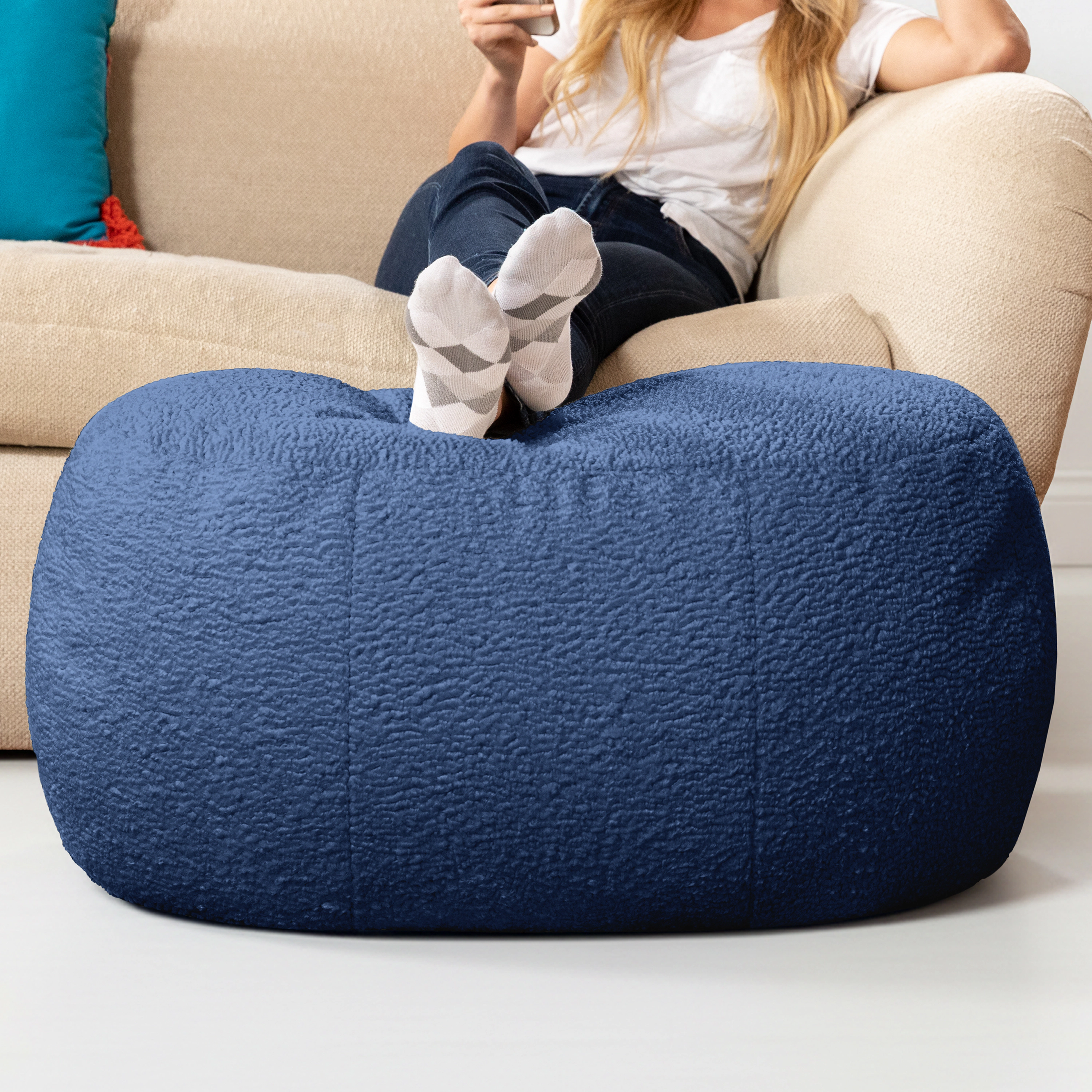 Jaxx Ellis Ottoman Shearling Faux-Lamb Plush Pouf for Modern Interior Design, Oval