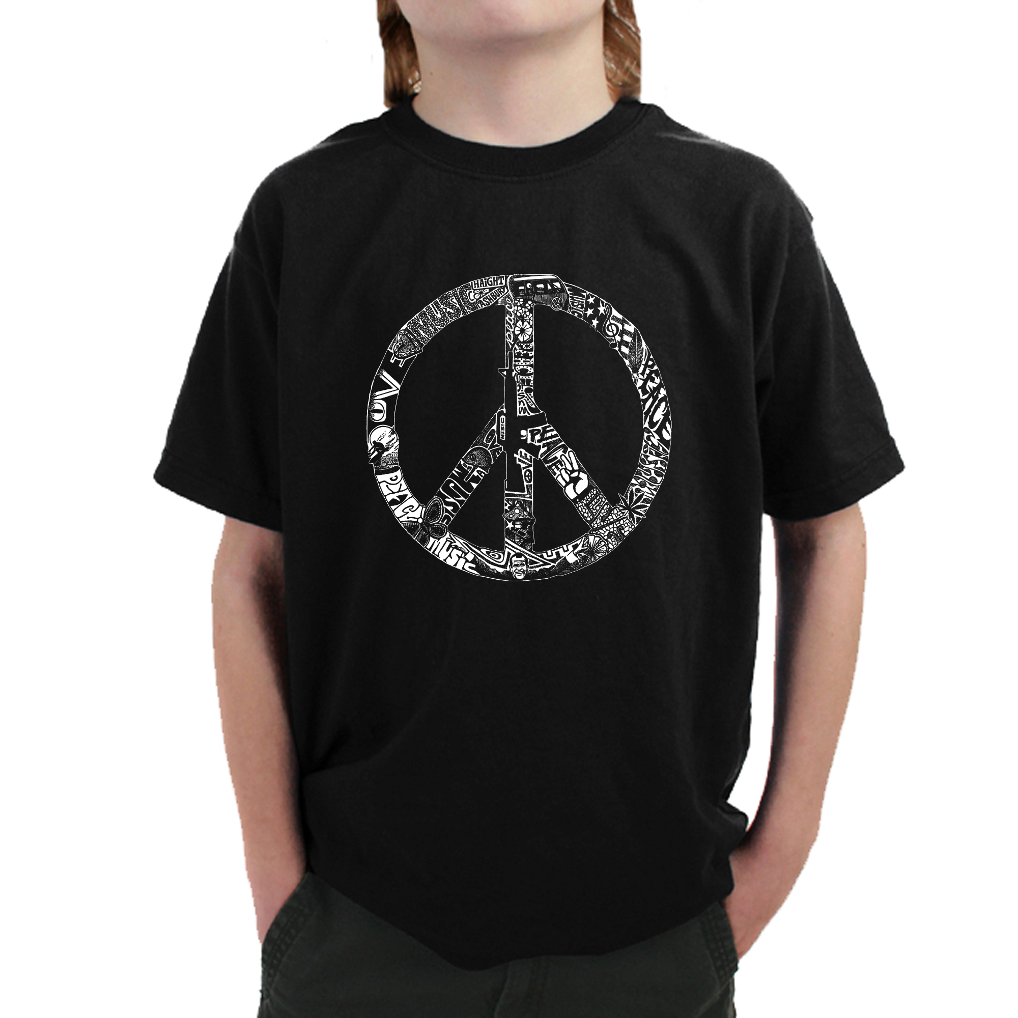 LA Pop Art Boy's Word T-Shirt - PEACE, LOVE, & MUSIC