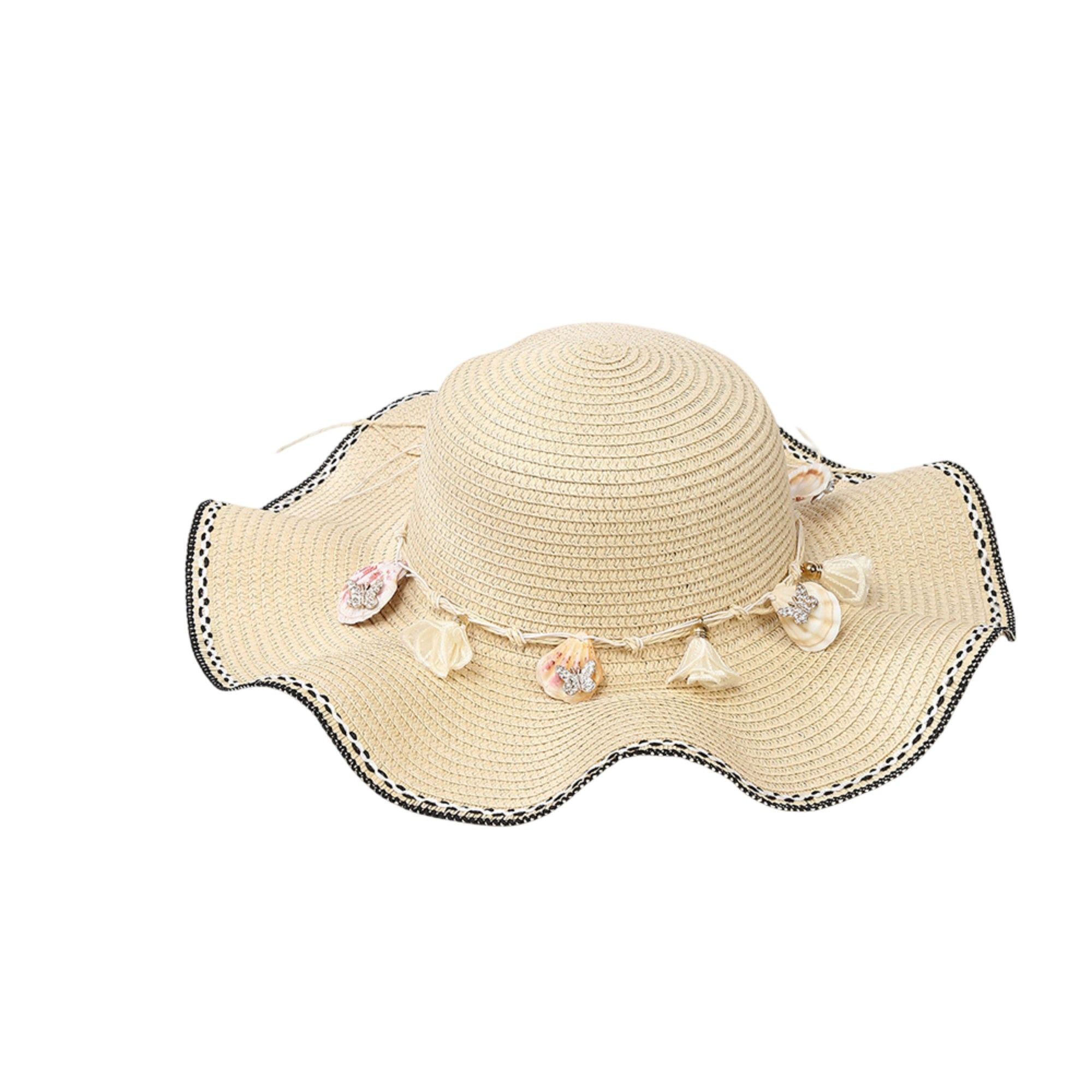 Anna-Kaci Women's Wide Brim Straw Sun Hat Wavy Edge Shell Trim Beach Adjustable Inner Band Packable