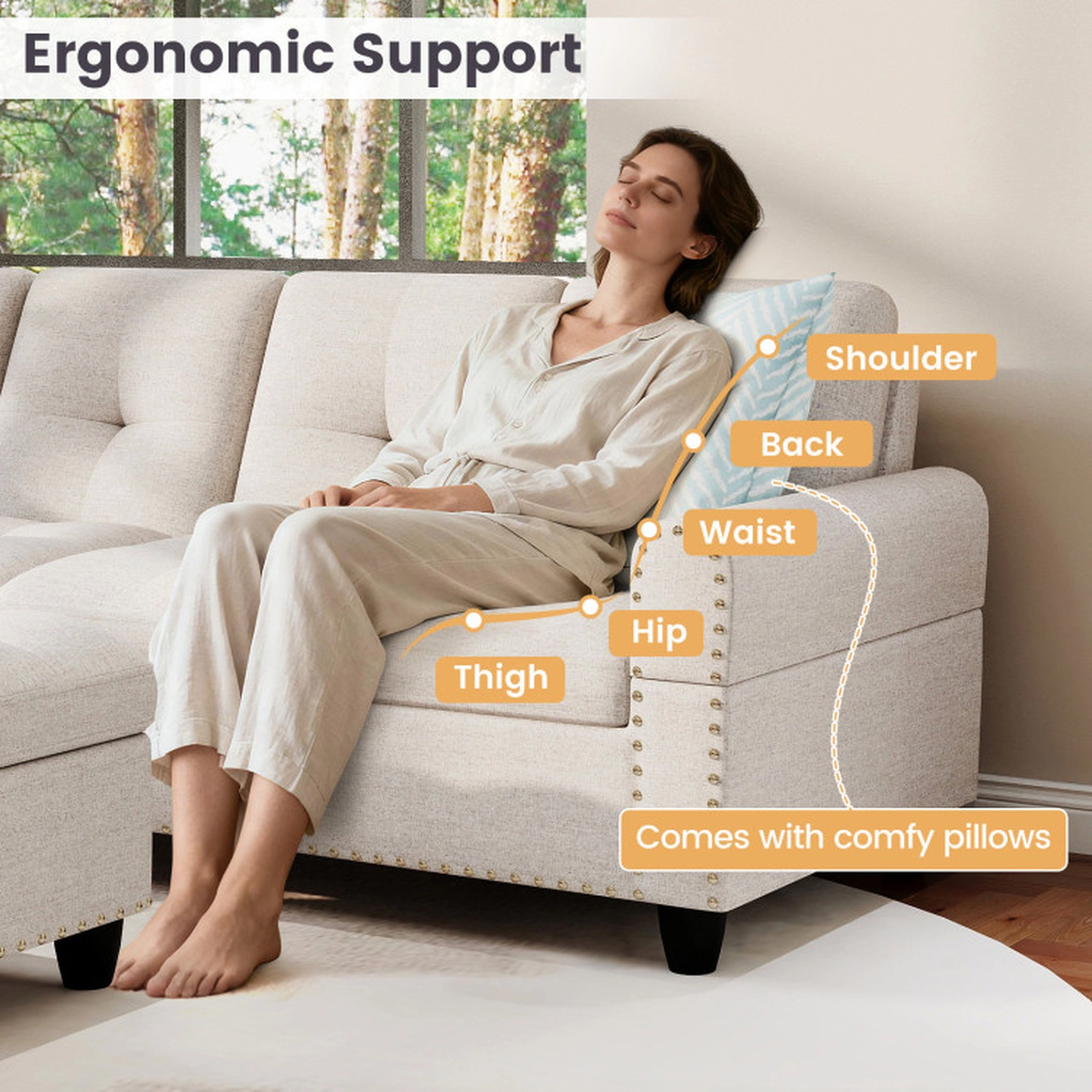 SUGIFT Movable Storage Ottoman and Chaise Linen Fabric 98 Sectional Sofa Couch