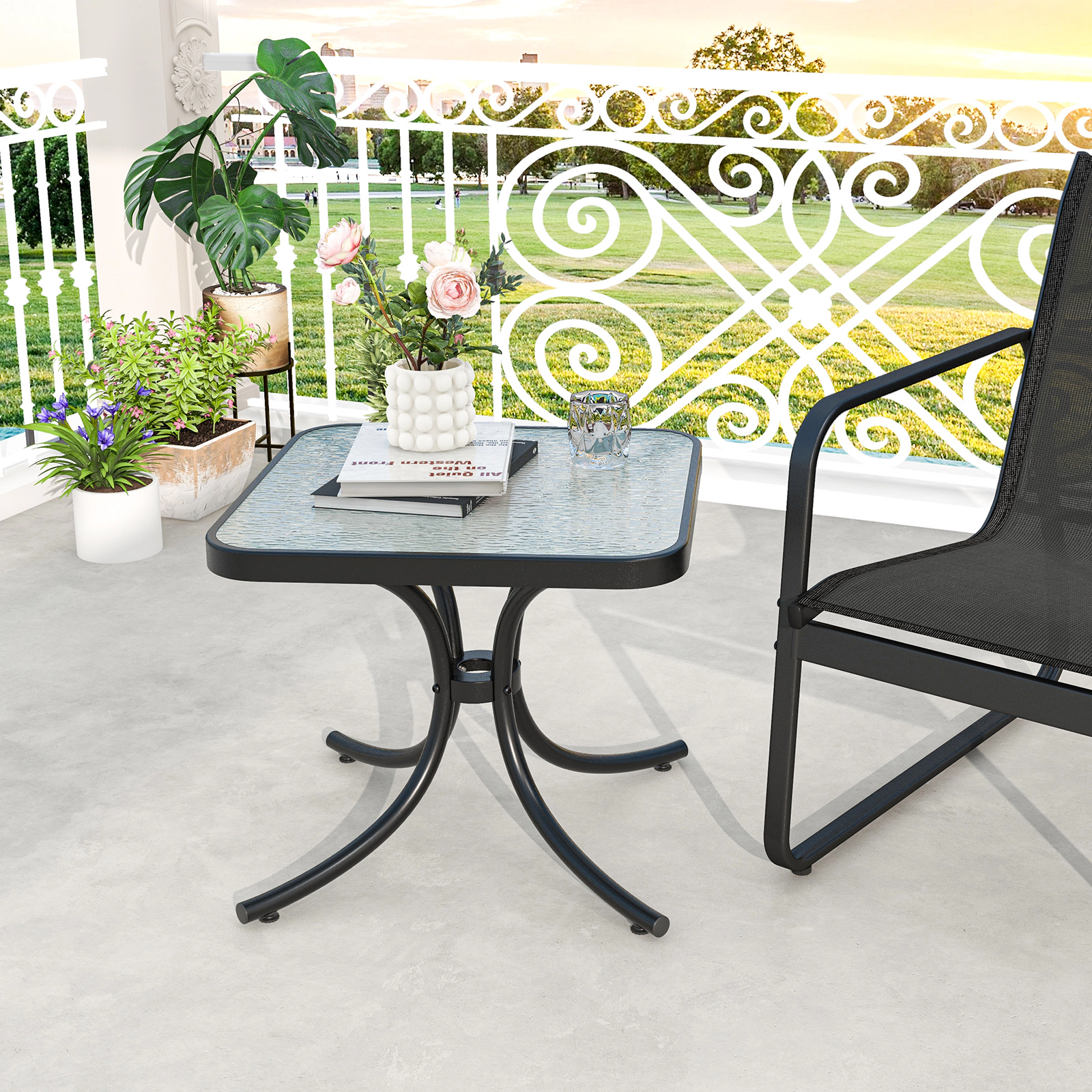 SUGIFT Tempered Glass Top Powder Coated Metal Frame Indoor Outdoor Patio Side Table In Black
