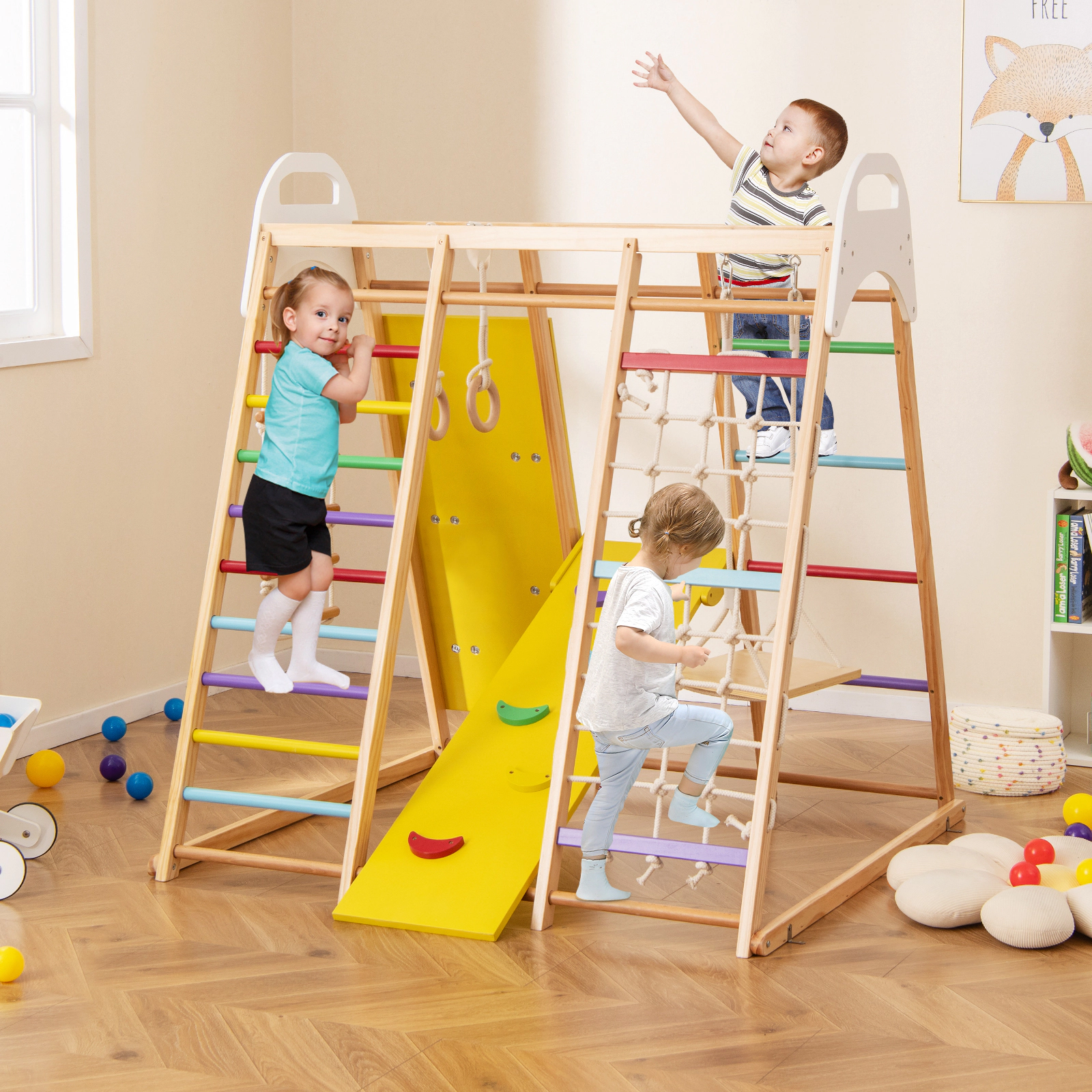 LJG Kids 8-in-1 Wooden Jungle Gym Playset with Slide and Monkey Bars