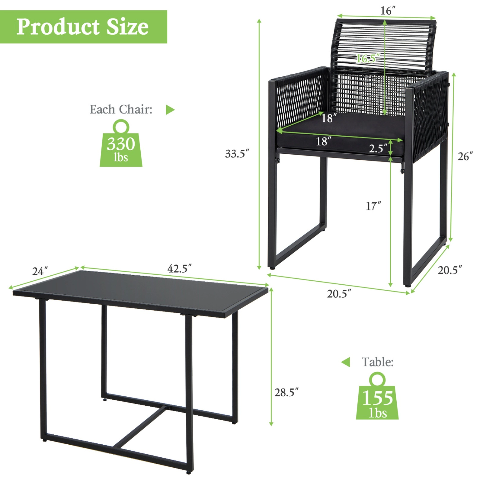 SUGIFT 3-Piece Black Patio Dining Set, Folding Rattan Chairs, 42.5-In Tempered Glass Table