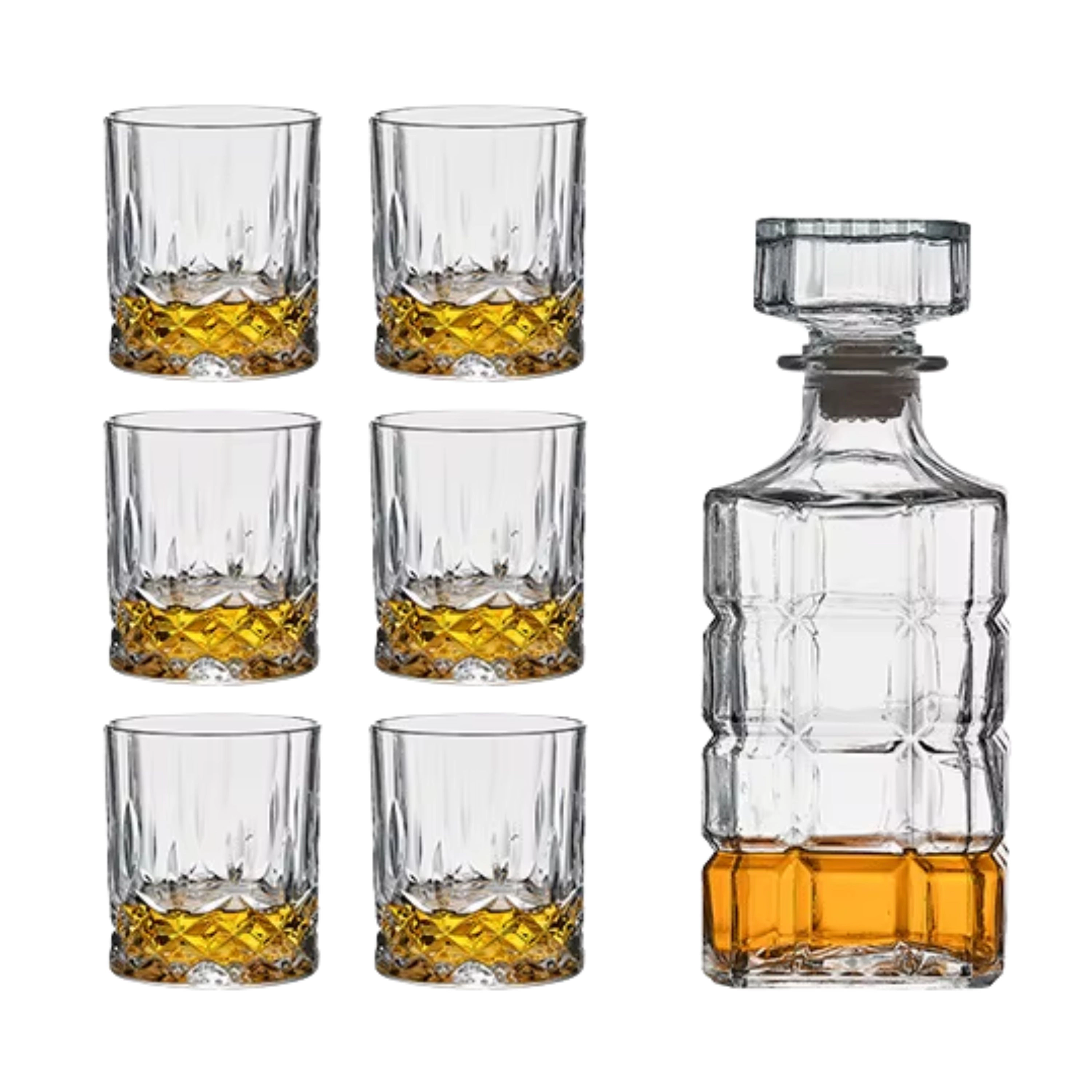 Kitcheniva 25 Oz Square Pattern Glass Whiskey Decanter, 6 Glasses 7.4 Oz Set With Stopper